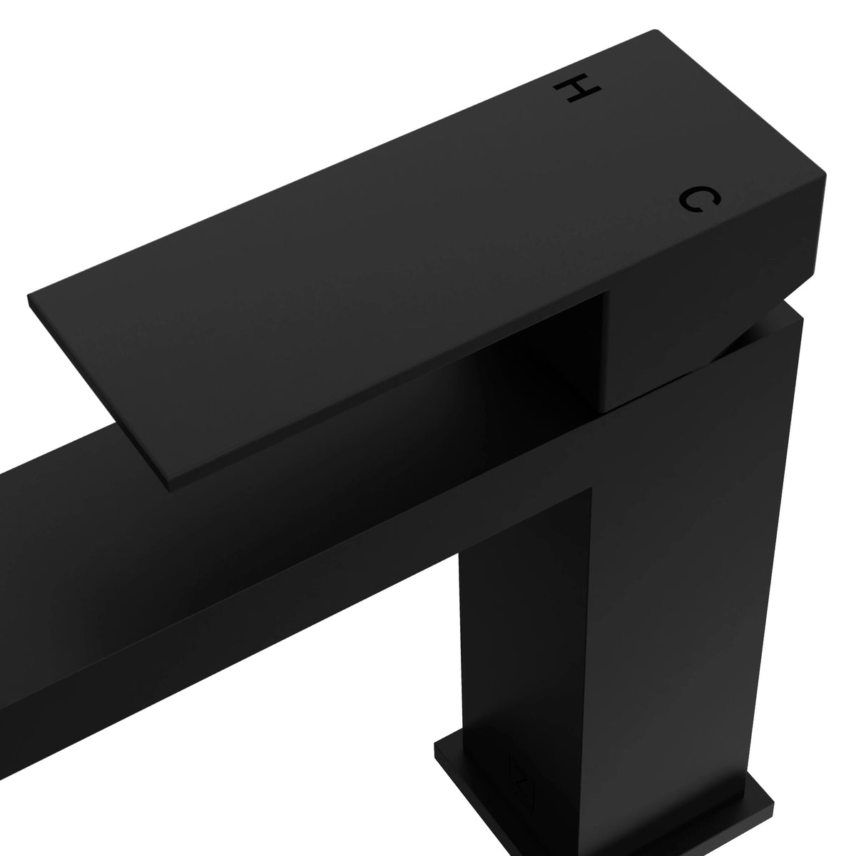 Matte black single-handle faucet close-up of flat spout and control handle
