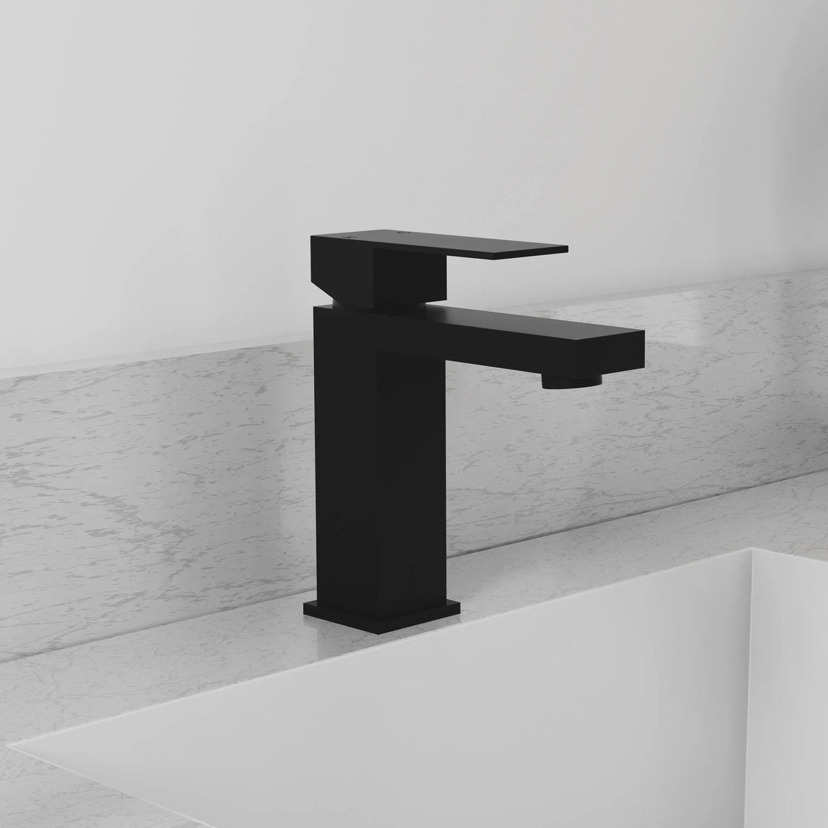 Matte black single-handle bathroom faucet on deck with angular spout and tall body