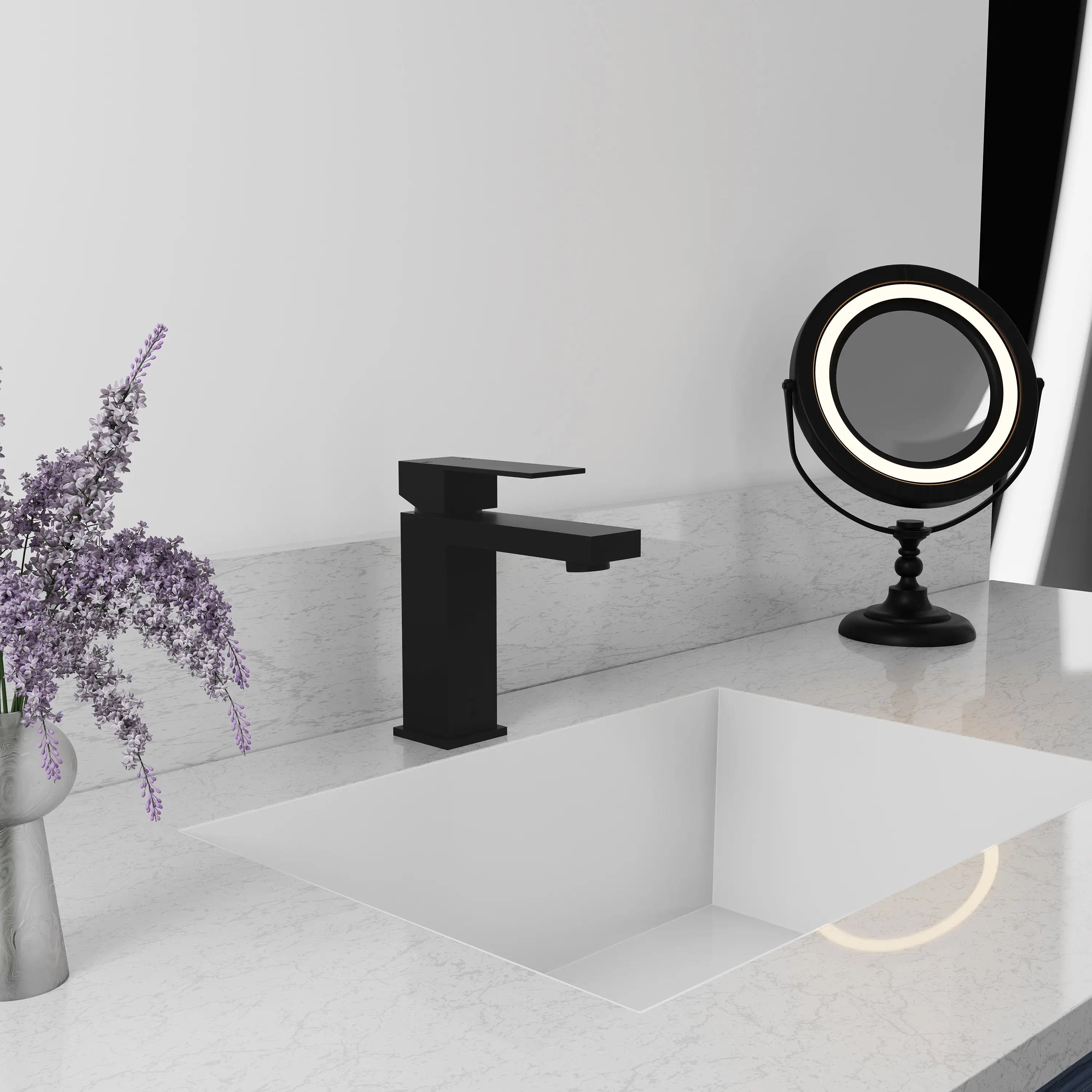 Matte black single-handle sink faucet with square base and flat spout