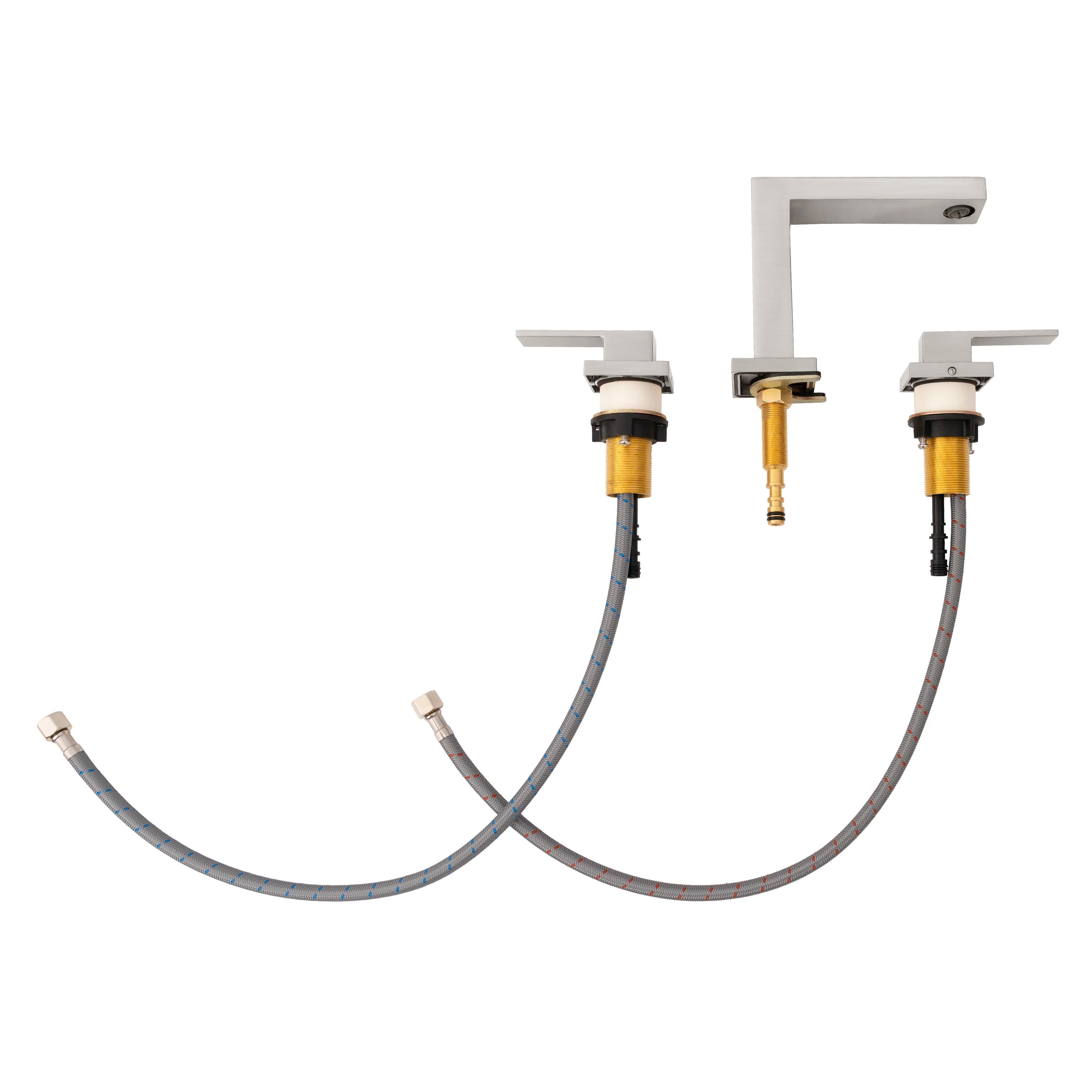 Brushed nickel widespread bath faucet valves with braided supply hoses and mounting stems
