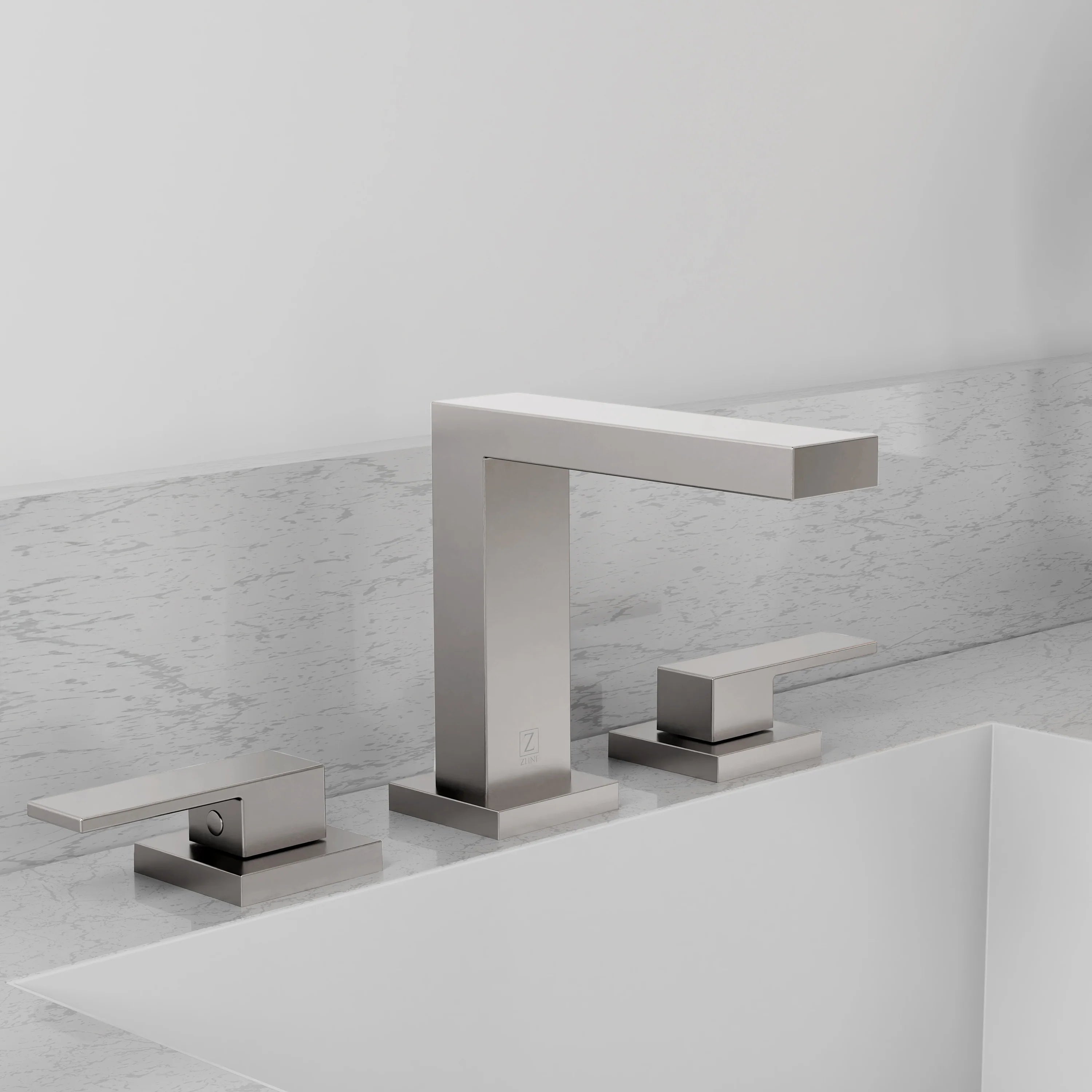 Brushed nickel widespread bath faucet with tall bridge spout and two deck handles