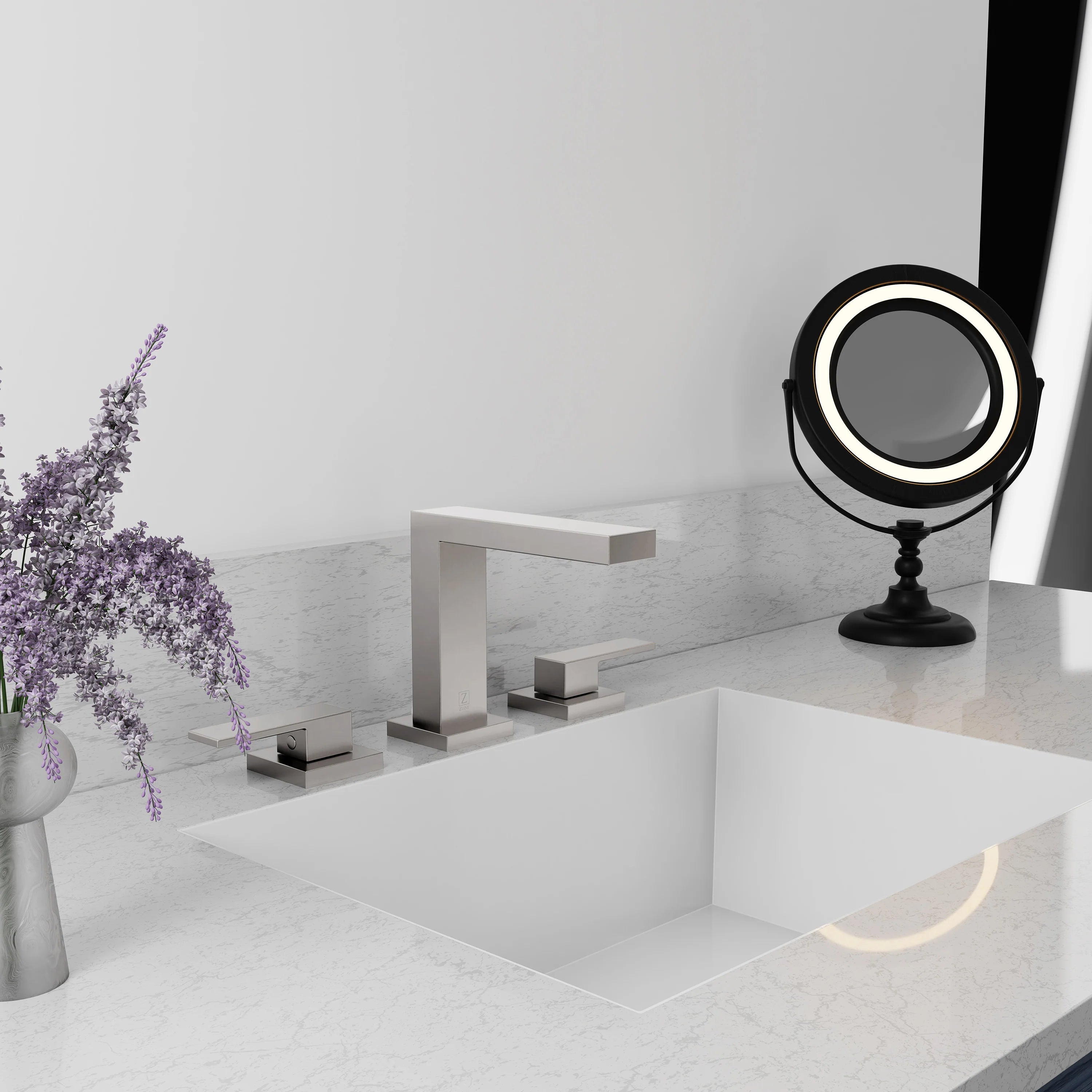 Brushed nickel widespread bath faucet with rectangular spout and two separate handles