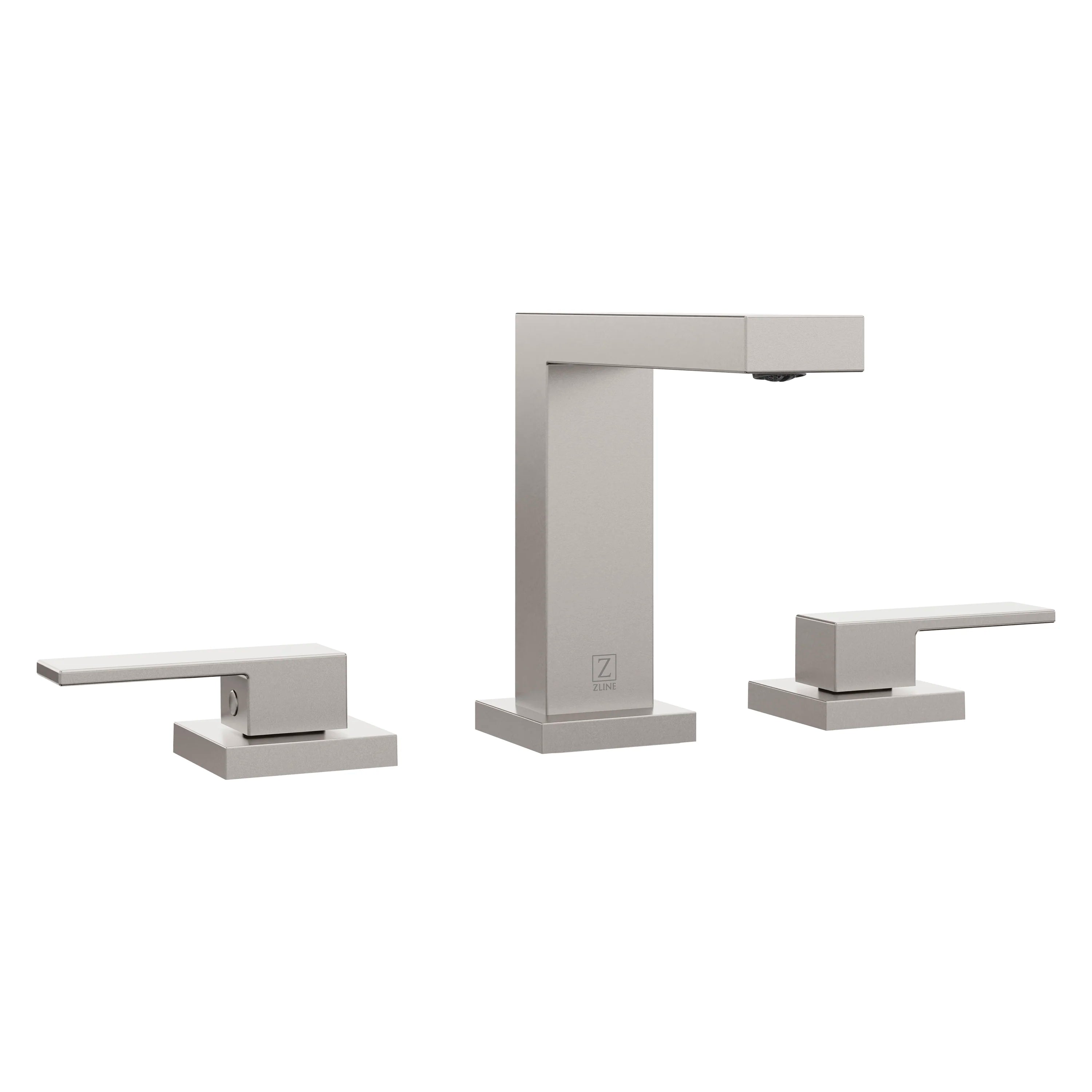 Three-piece brushed nickel widespread bath faucet set: tall spout and two handles