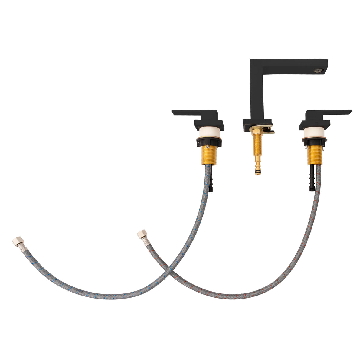 Widespread bath faucet installation parts with braided supply hoses and valves