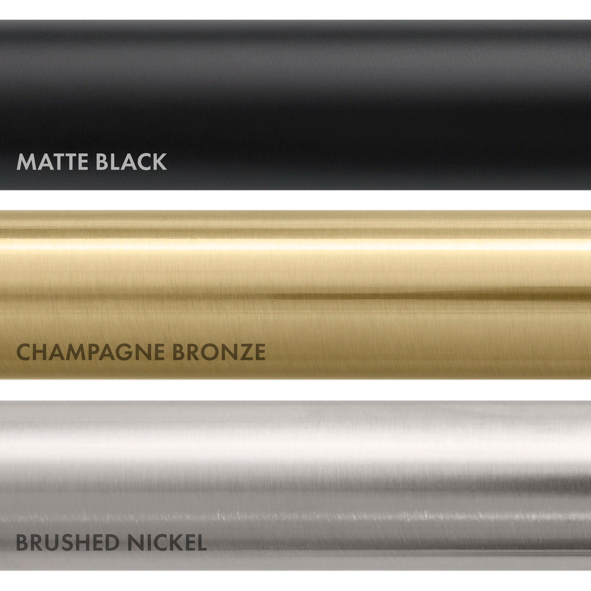 Finish options for push-button drain: matte black, champagne bronze, brushed nickel