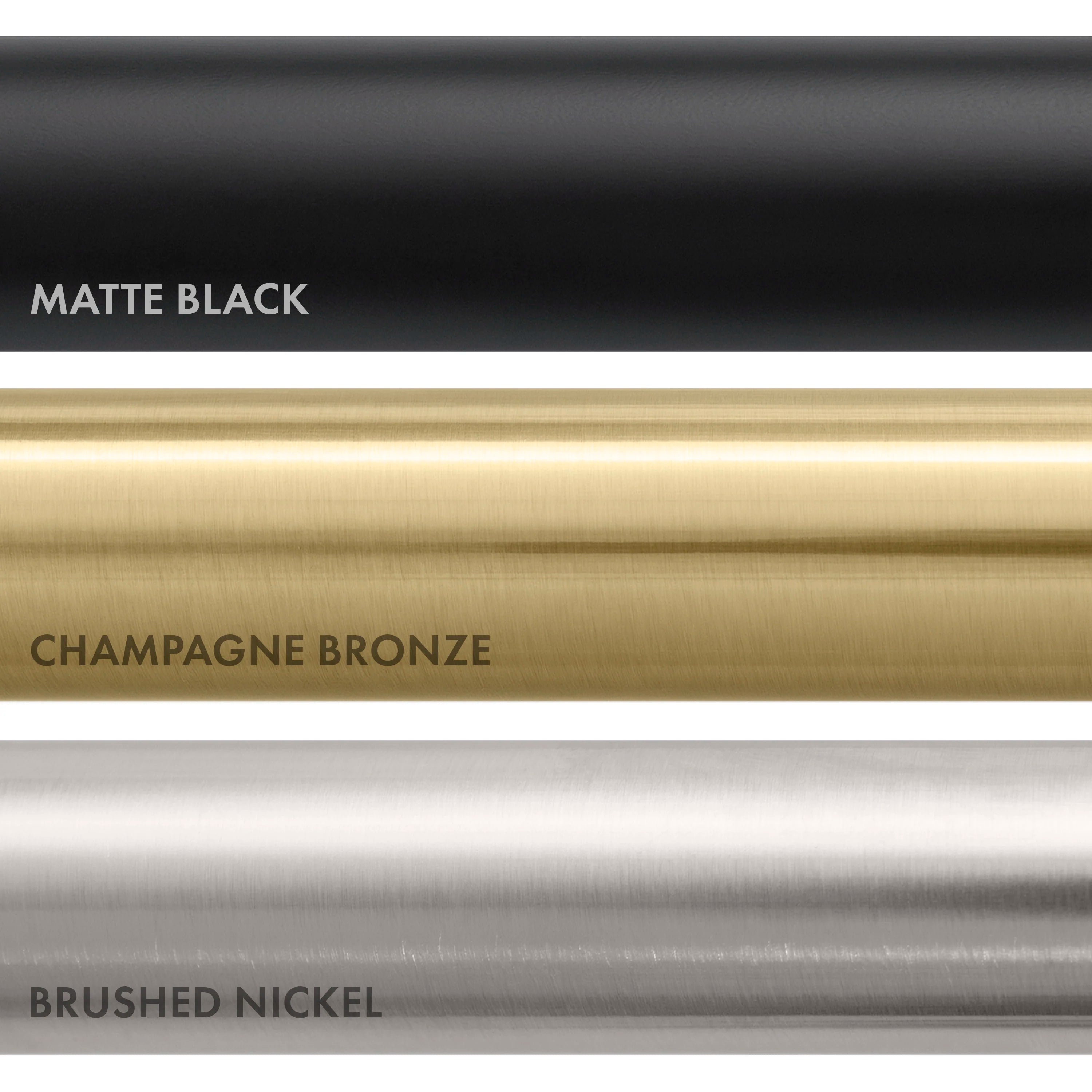 Finish options strip: matte black, champagne bronze, brushed nickel metal