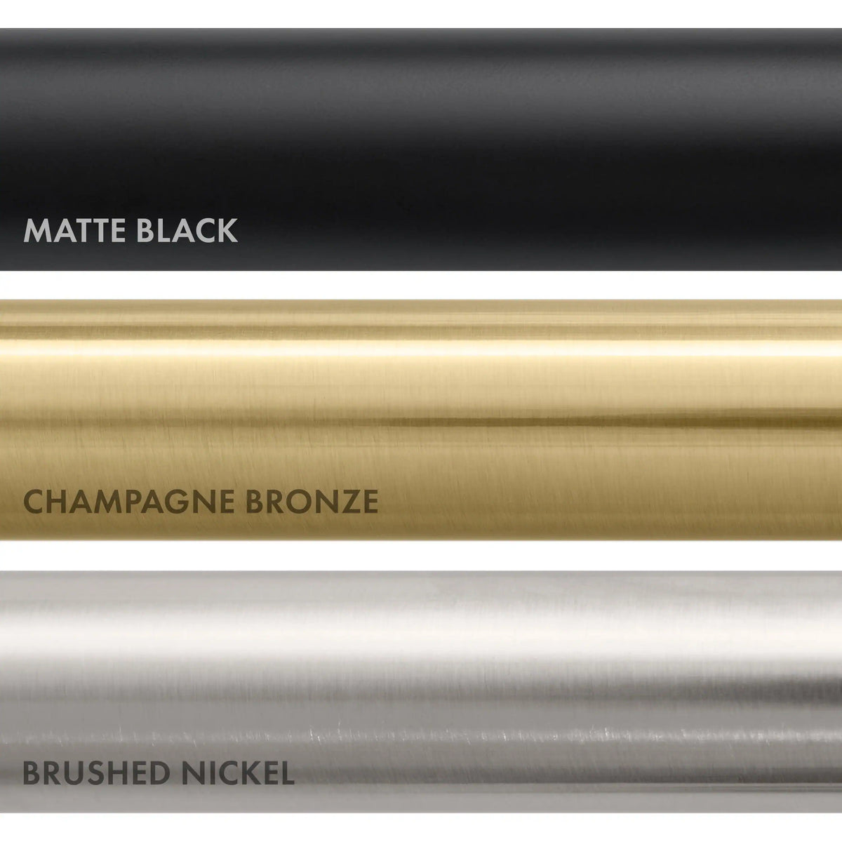 Finish options strip: matte black, champagne bronze, brushed nickel