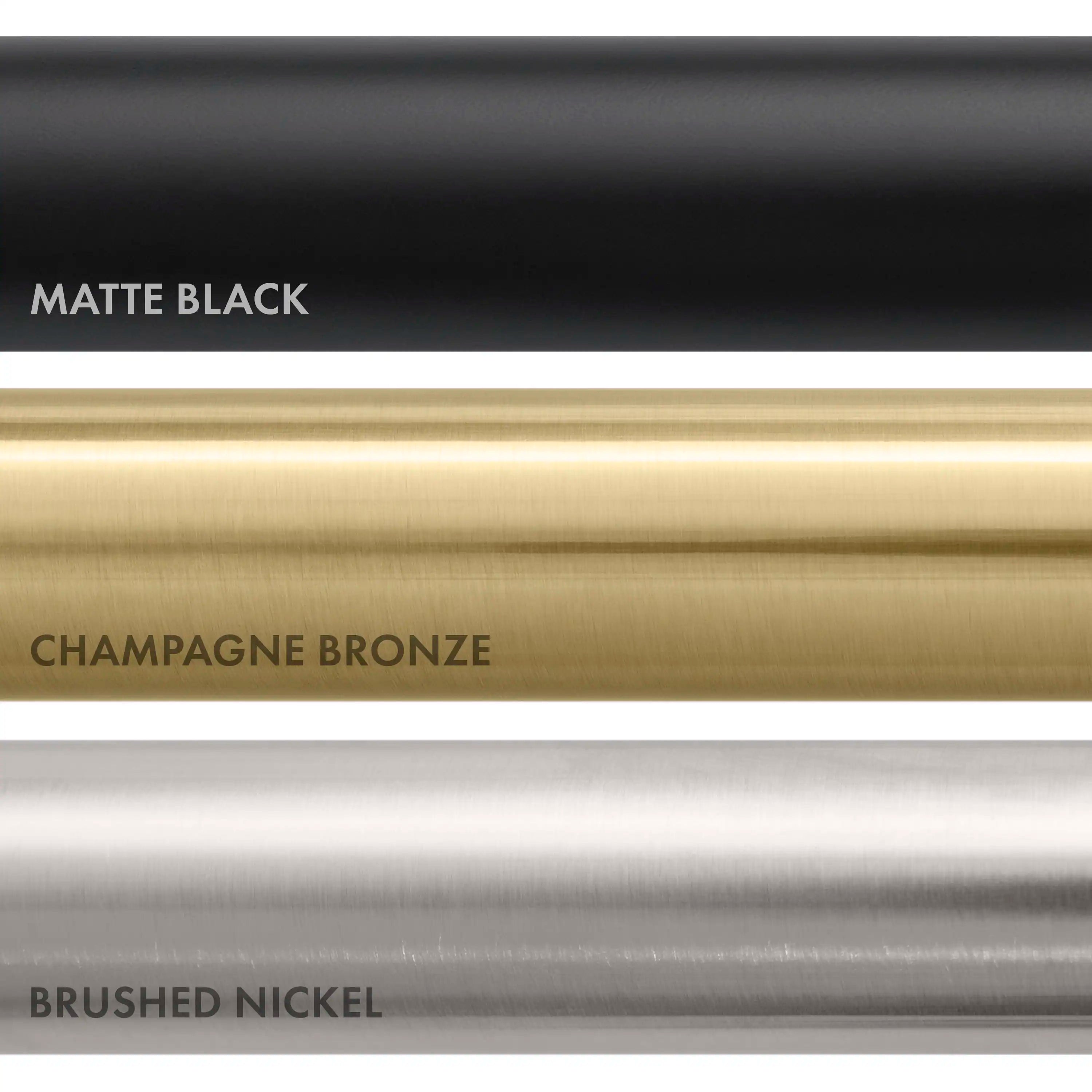 Faucet finish color swatches showing matte black, champagne bronze, and brushed nickel
