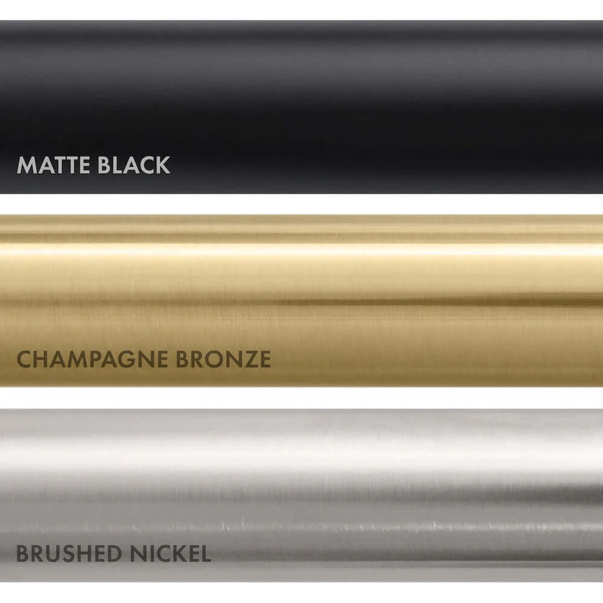Faucet finish sample strip showing matte black, champagne bronze, brushed nickel