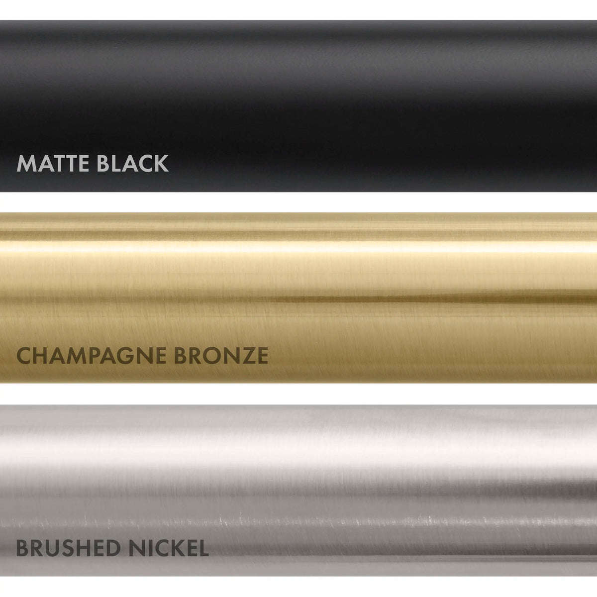 Faucet finish swatches: matte black, champagne bronze, brushed nickel