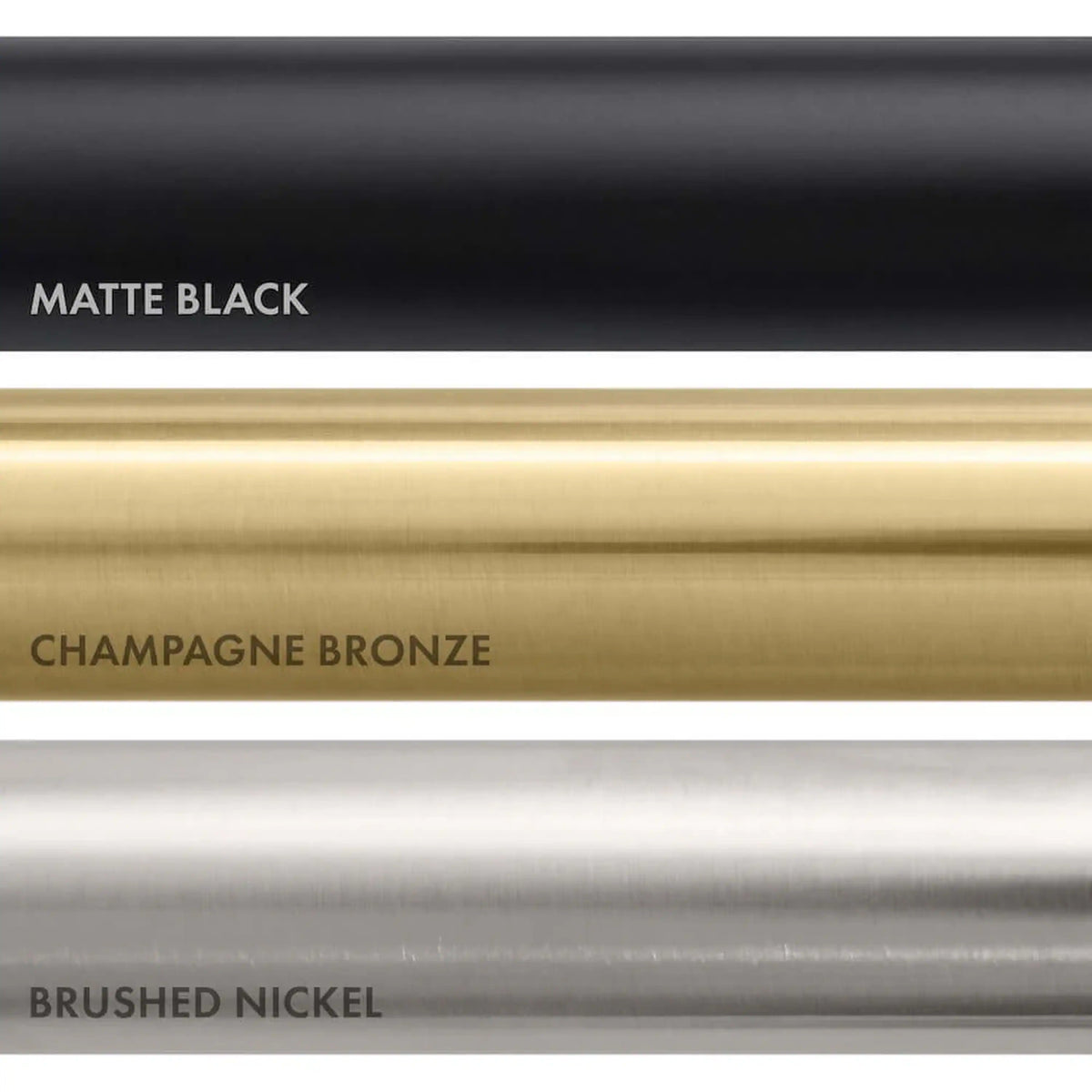Faucet finish swatch strip: matte black, champagne bronze, brushed nickel