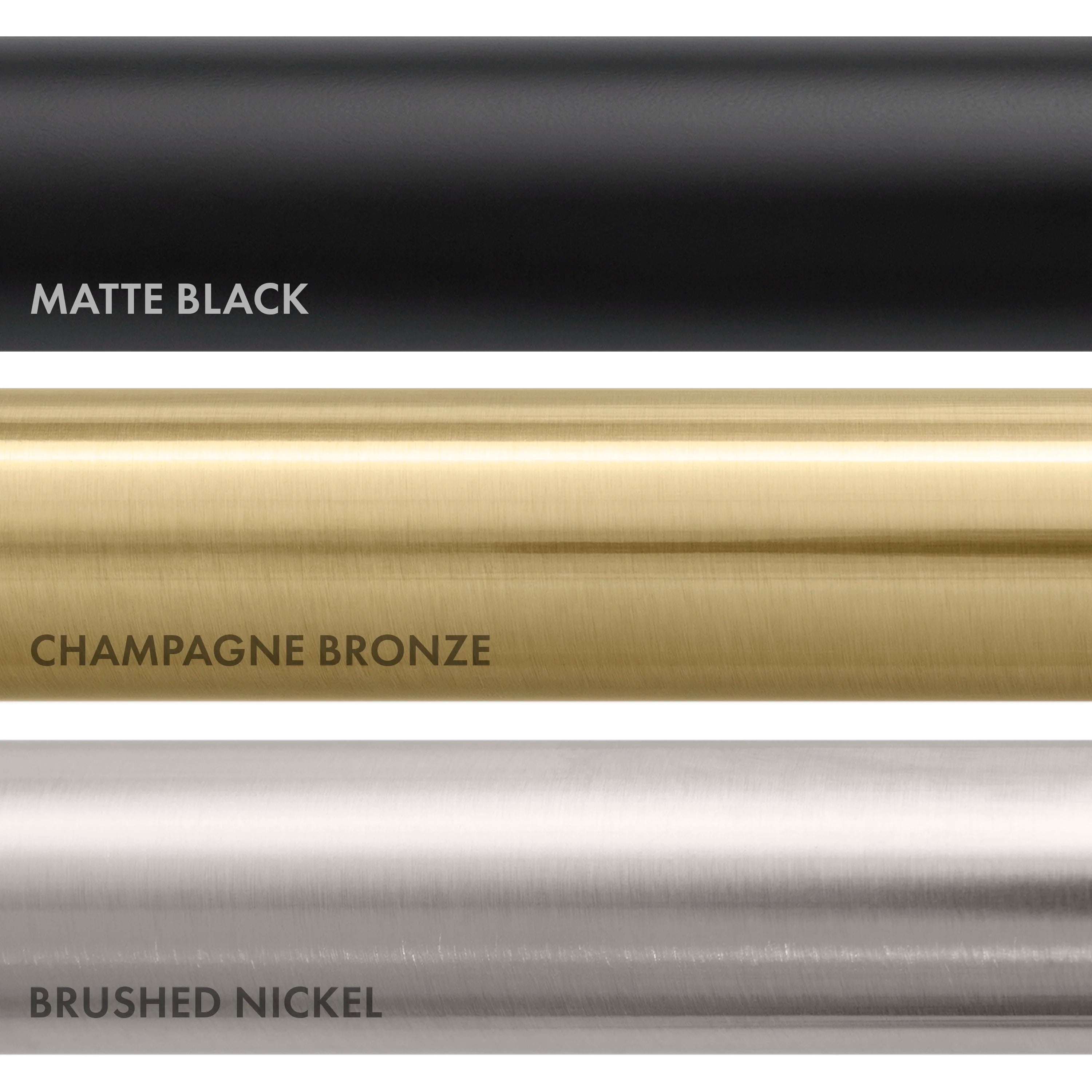Finish options strip showing matte black, champagne bronze, and brushed nickel