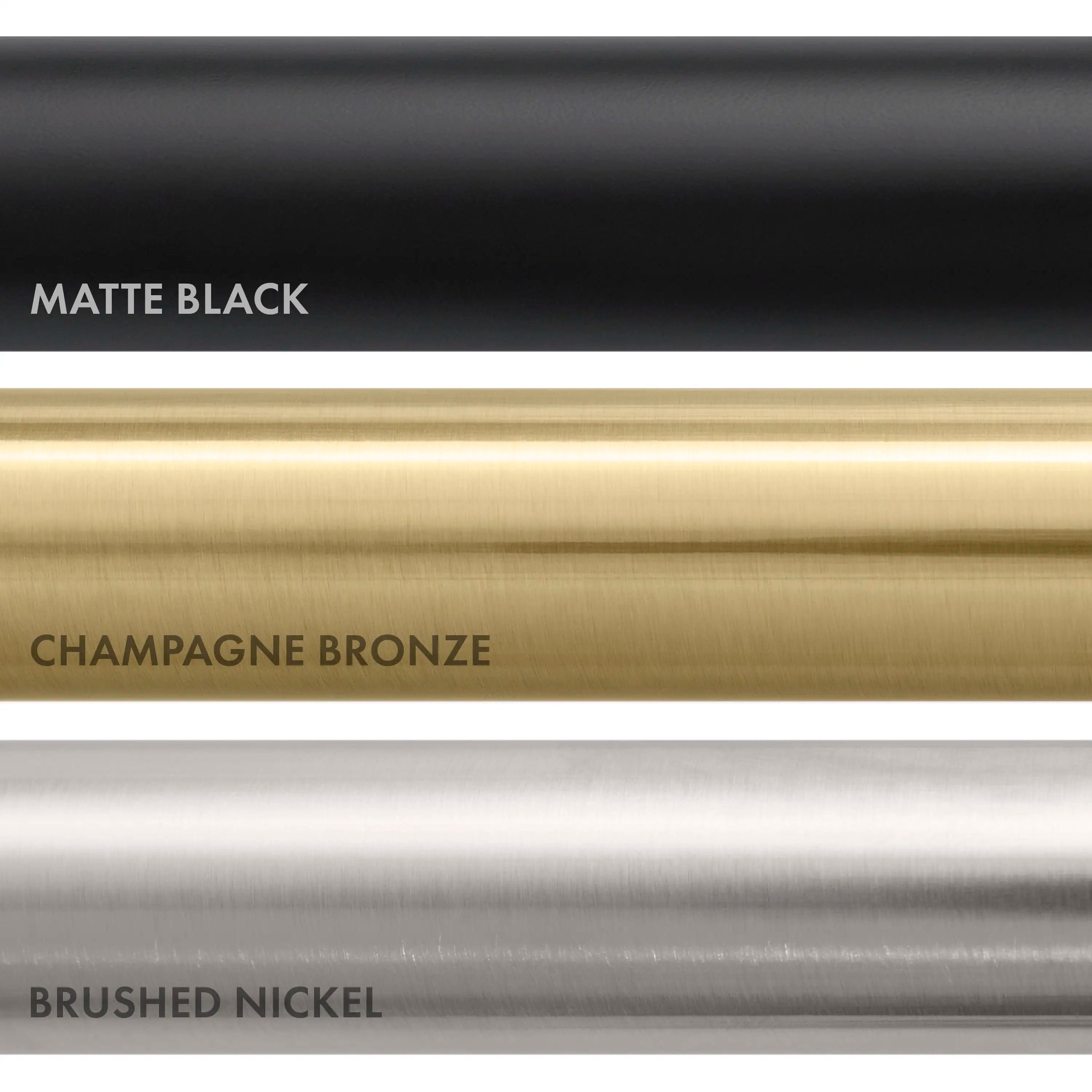 Finish options bar showing matte black, champagne bronze, and brushed nickel