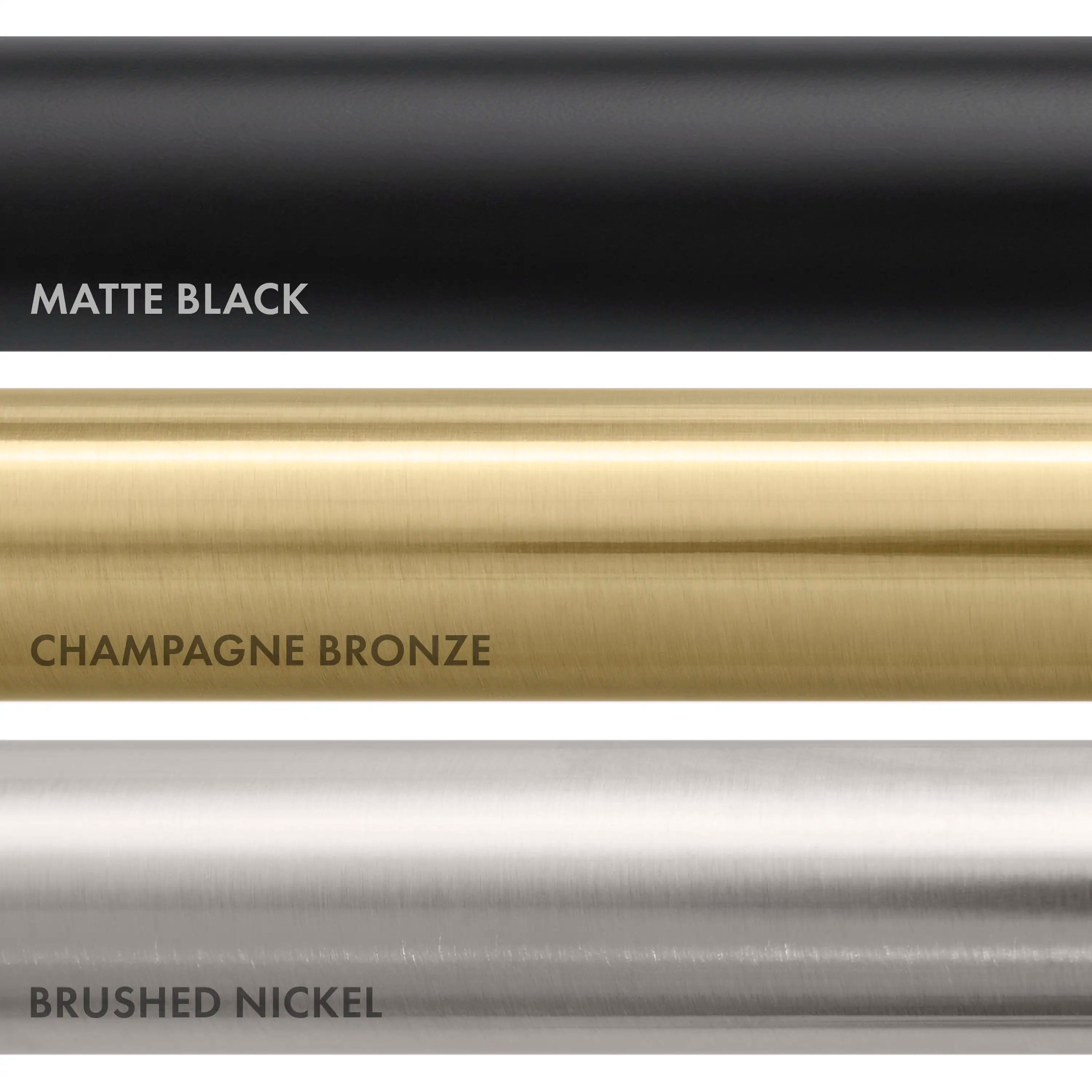 Finish swatch strip showing champagne bronze along with matte black and brushed nickel