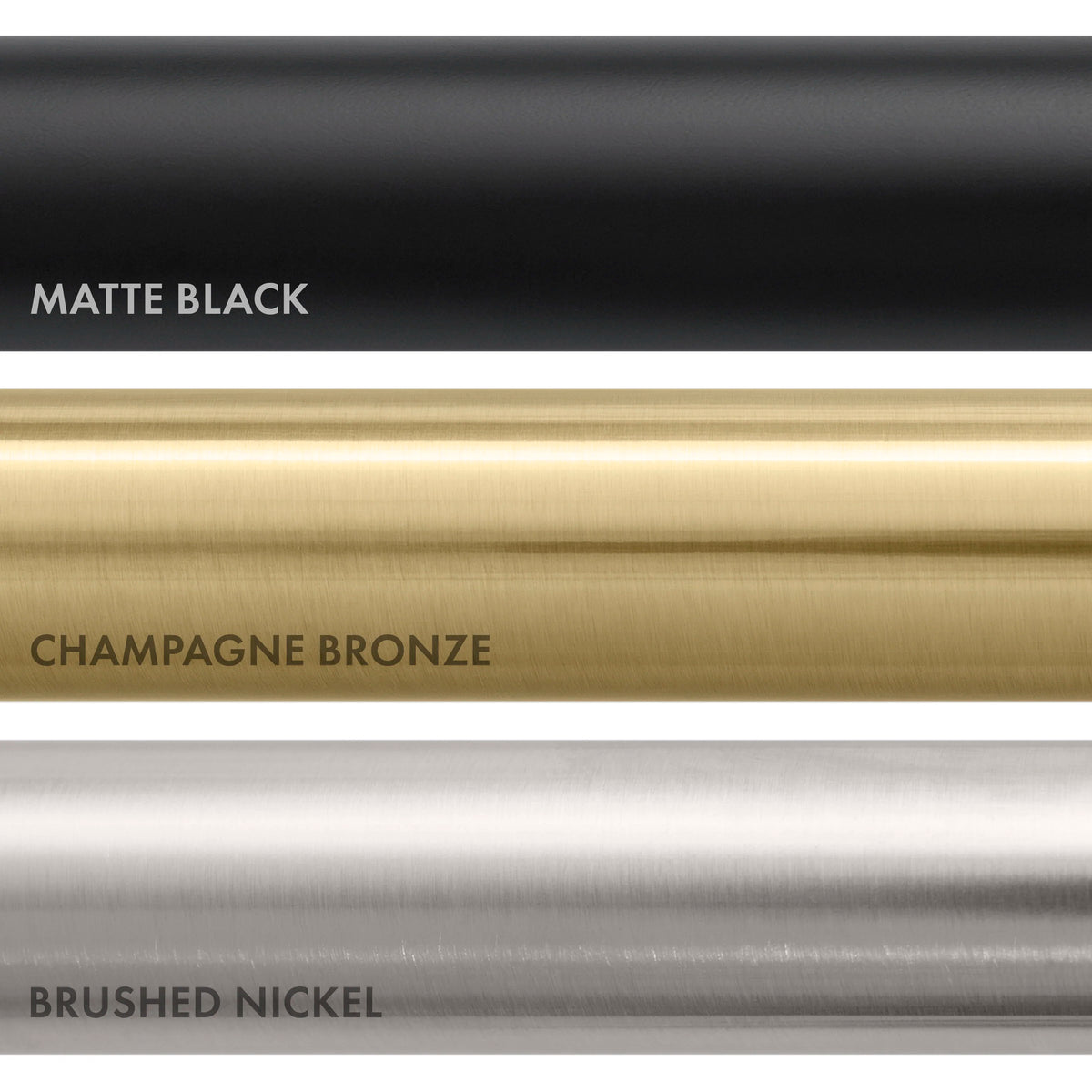 Faucet finish options: matte black, champagne bronze, brushed nickel (finish strip).