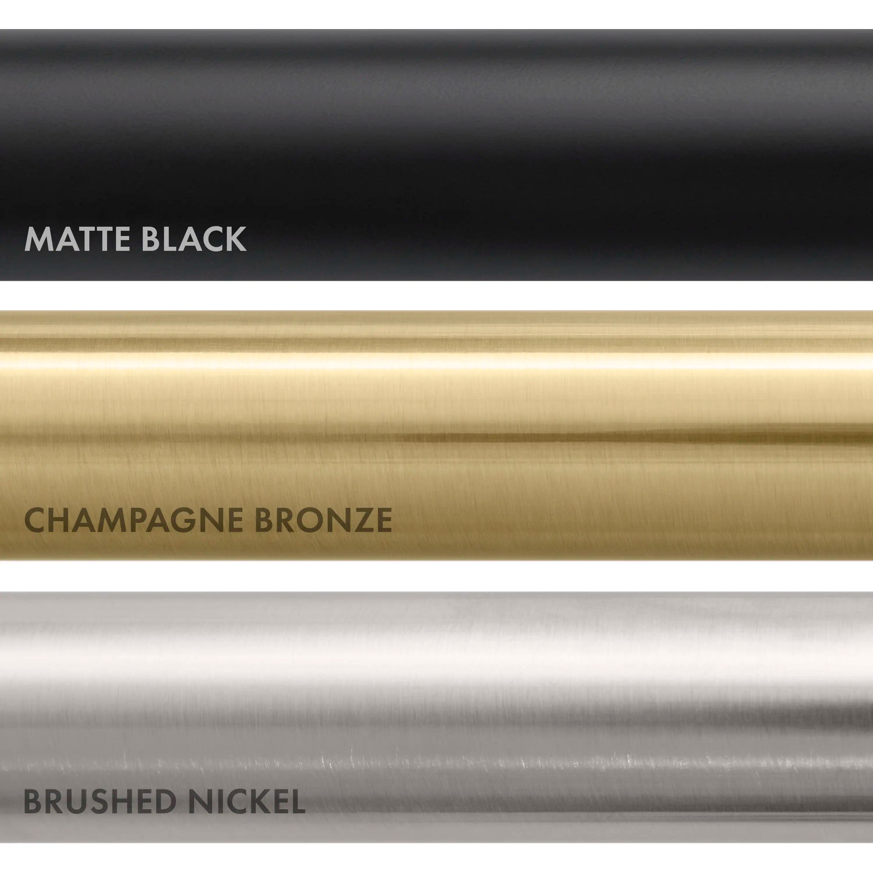Faucet finish swatches showing matte black, champagne bronze, and brushed nickel colors
