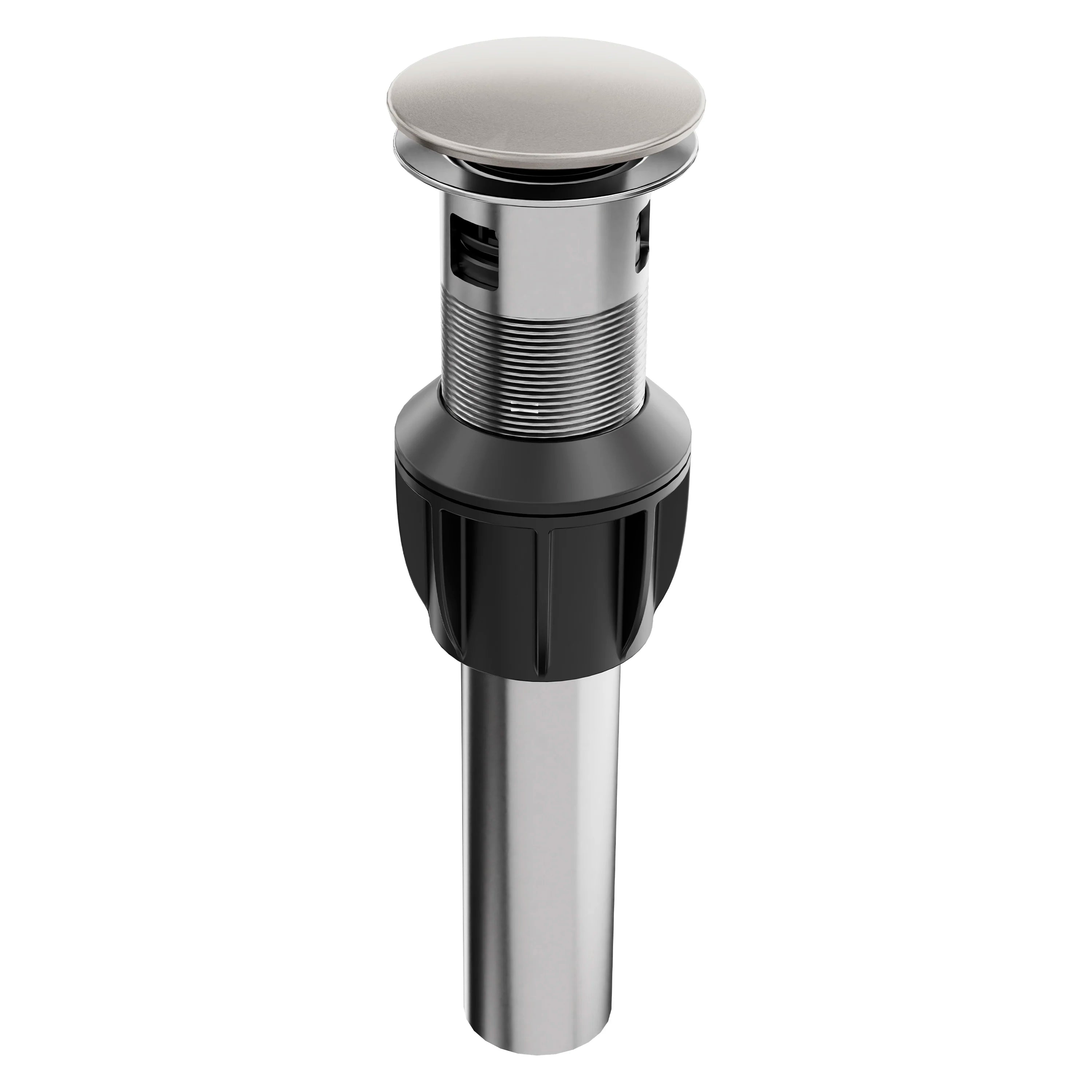 Brushed nickel push-button drain with black pop-up ring and metal stem