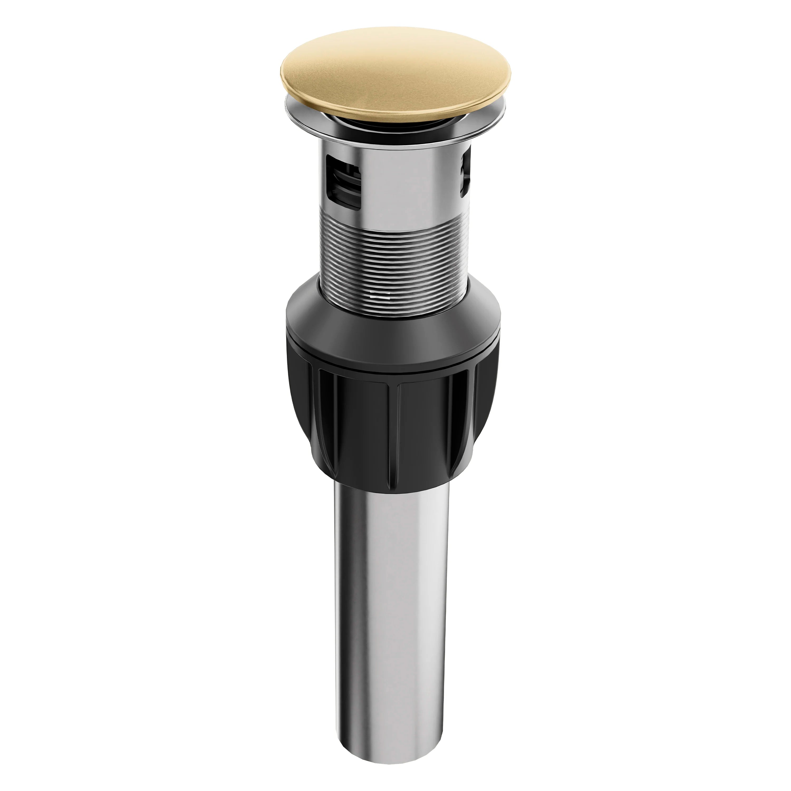 Push-button drain with champagne bronze cap and black-and-silver metal base