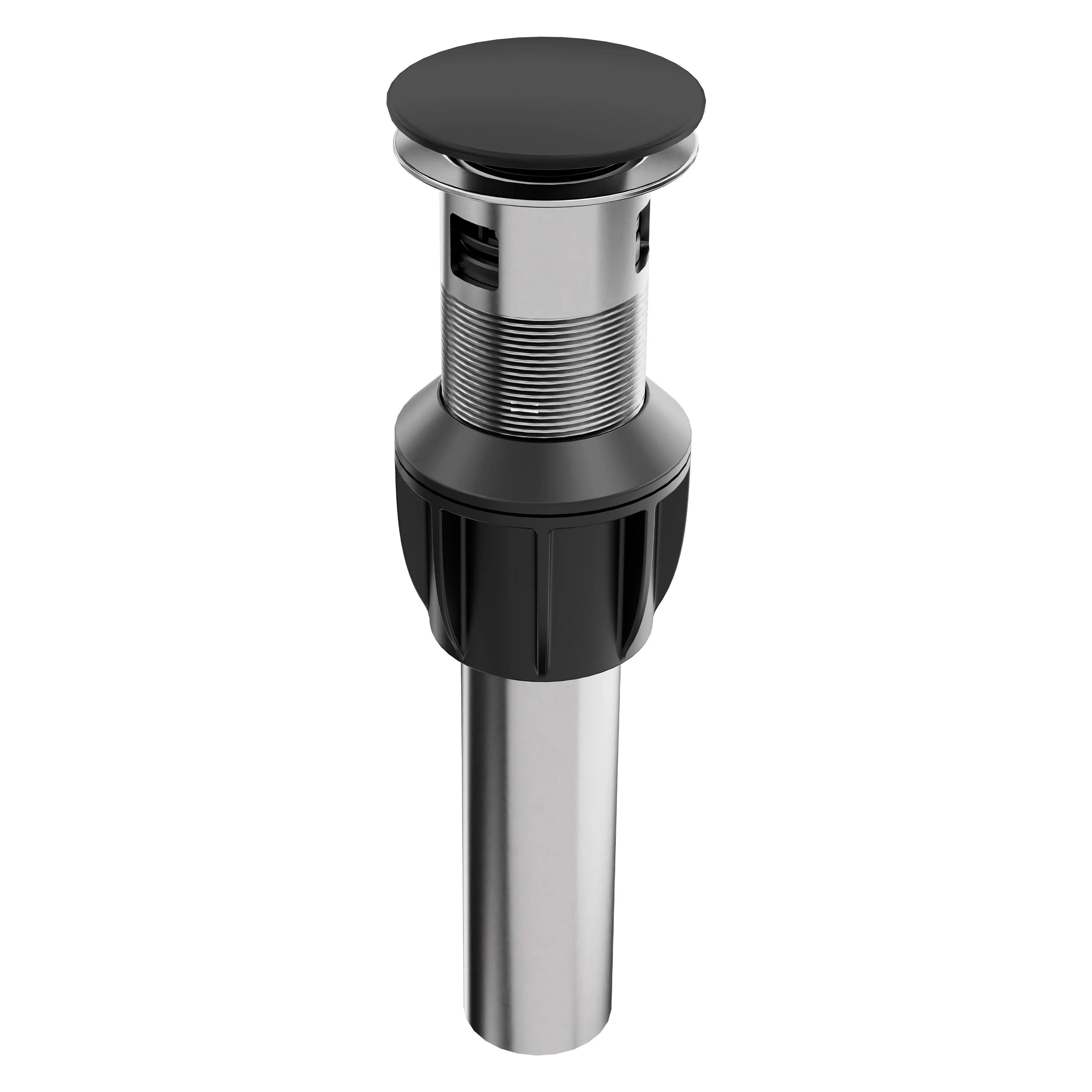 Matte black push-button sink drain with flat round button and silver stem