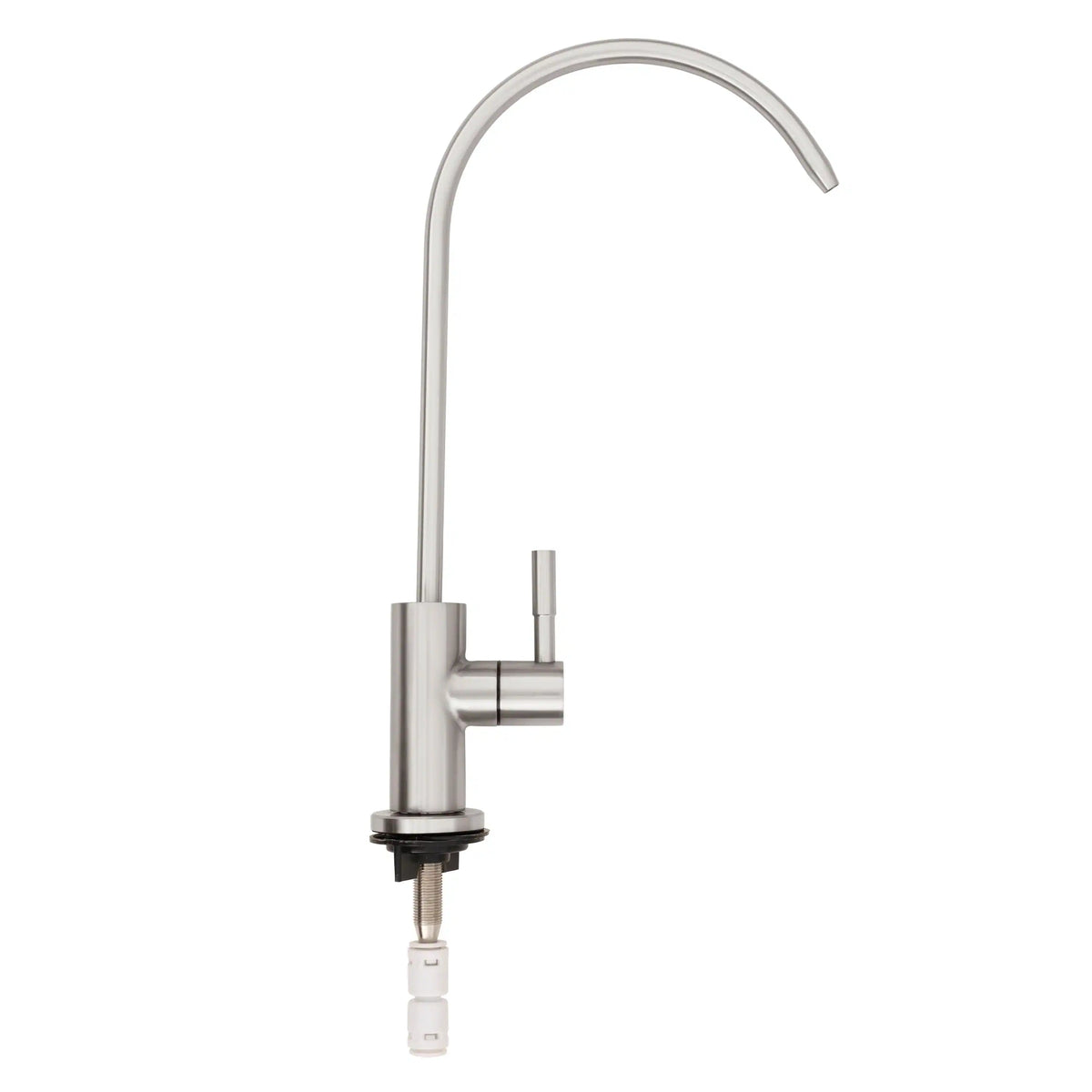 Brushed nickel drink faucet with tall curved spout and vertical mounting stem
