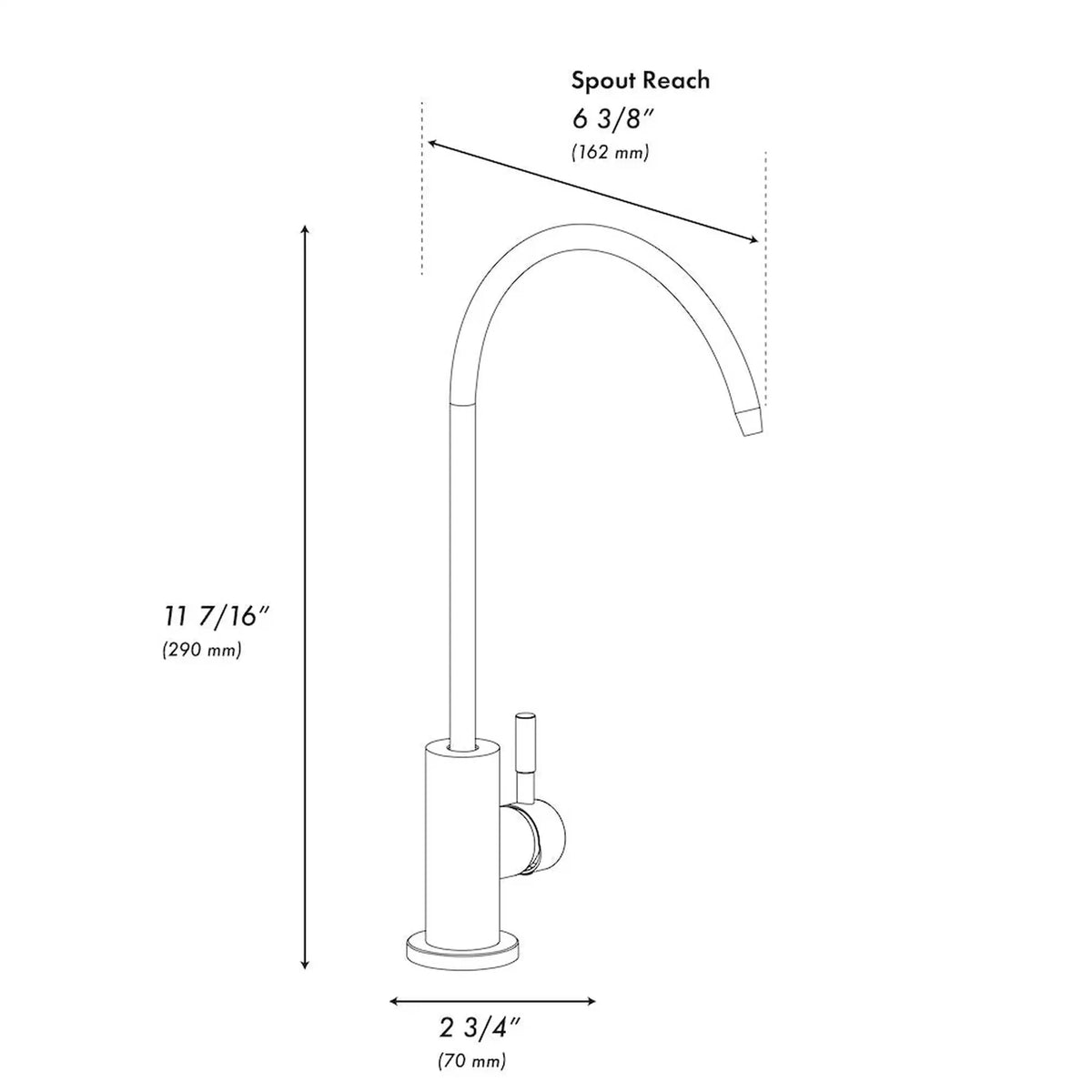 Drink faucet dimension diagram with 6 3/8 in spout reach and 11 7/16 in height