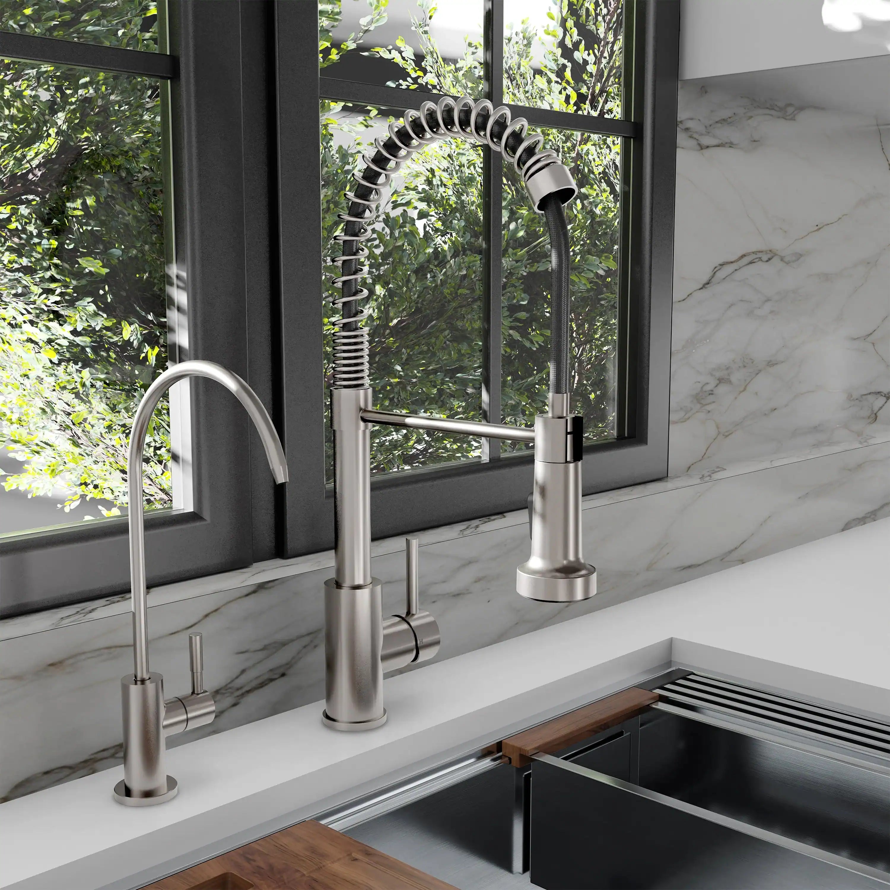Deck-mount drink faucet with tall curved spout and single handle in brushed nickel