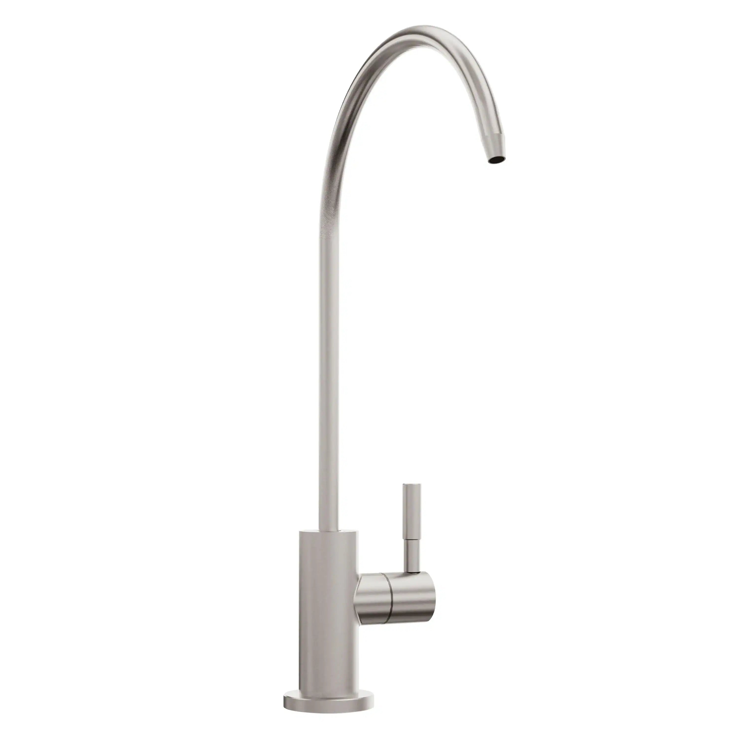 Single-handle deck faucet with tall curved spout and brushed nickel body