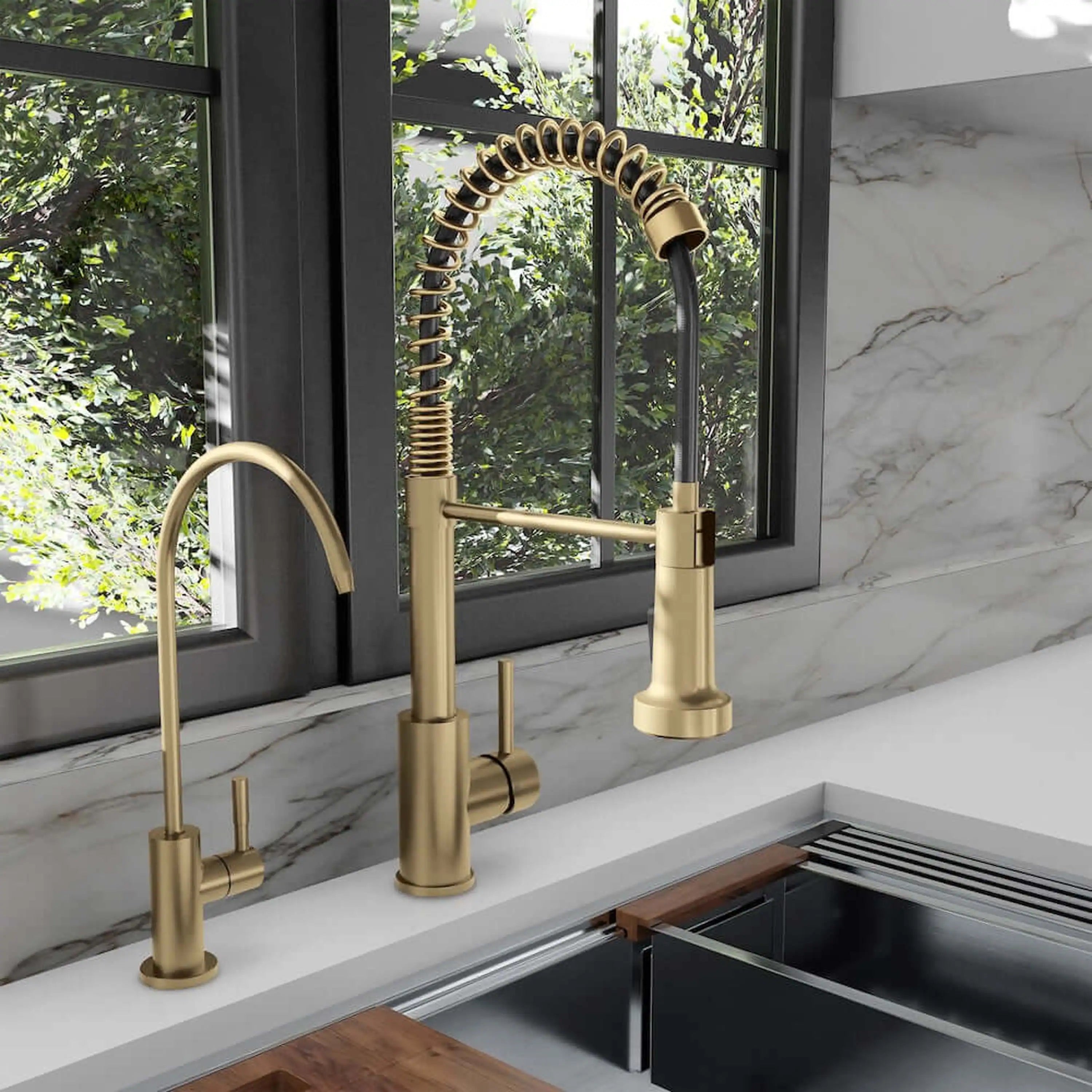 Champagne bronze deck-mounted drink faucet with coil sprayer and side handle