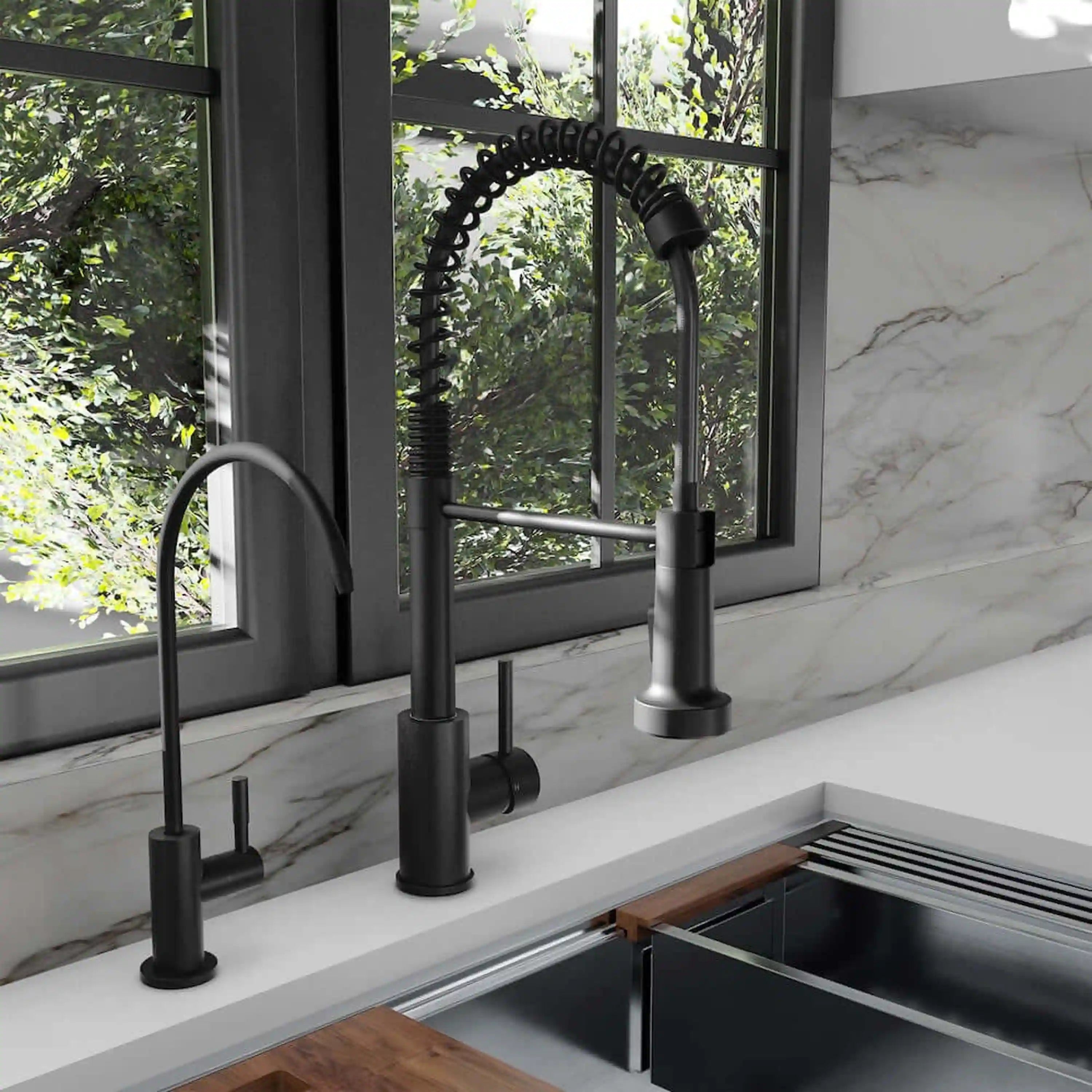 Pair of matte black deck-mount drink faucets with curved spouts and lever handles