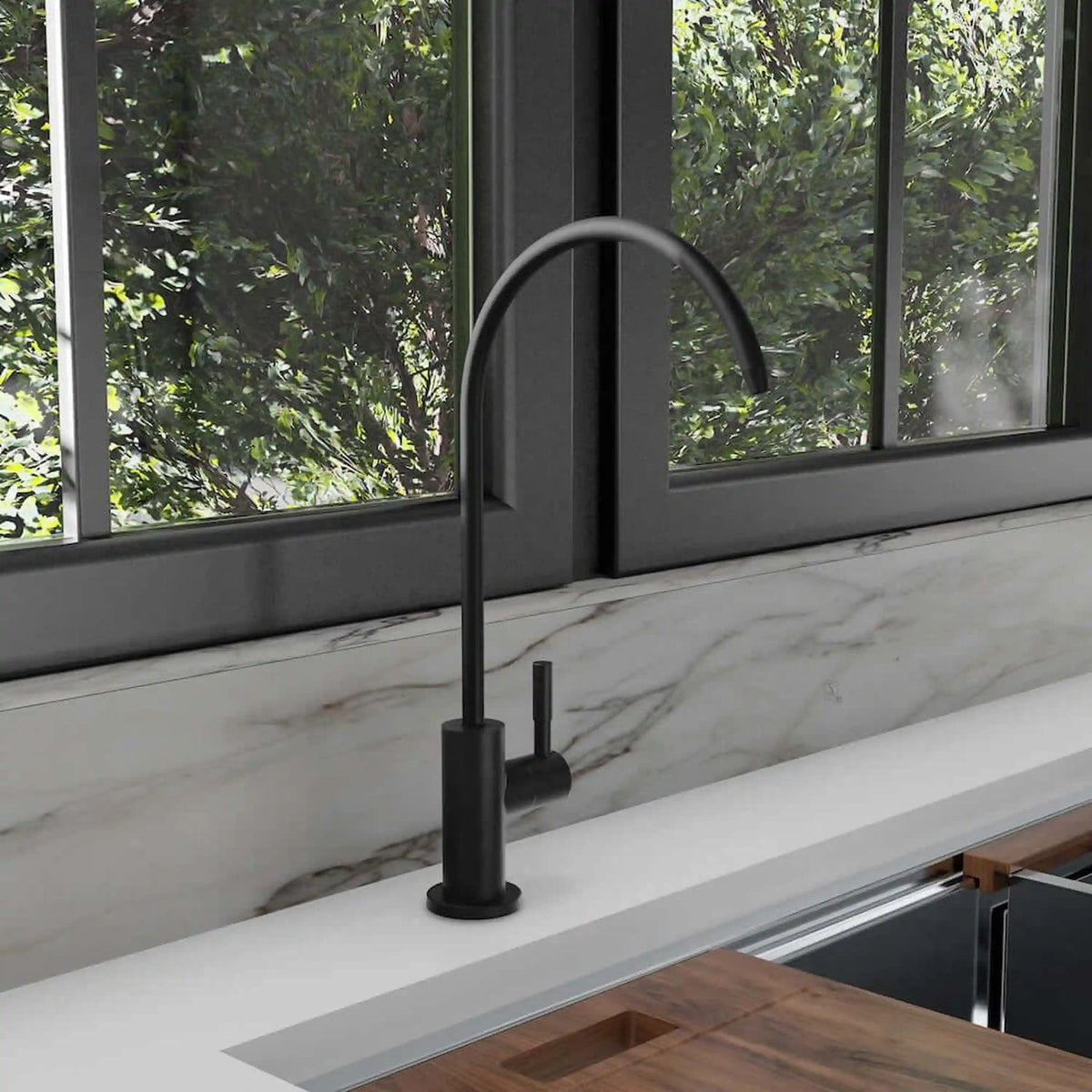 Matte black deck-mount drink faucet with curved spout and single lever handle