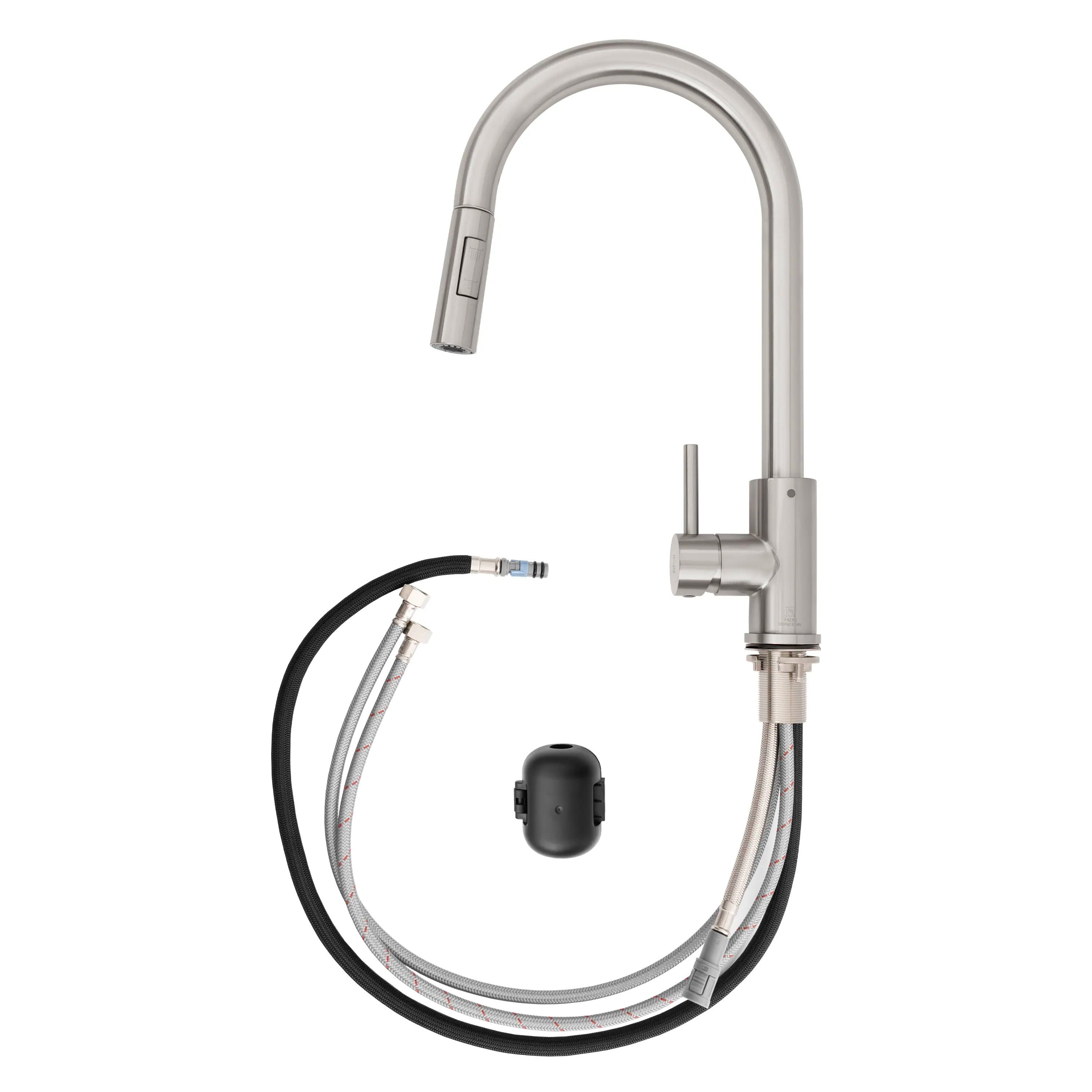 Pull-down kitchen faucet with arched spout, sprayer, and flexible hose