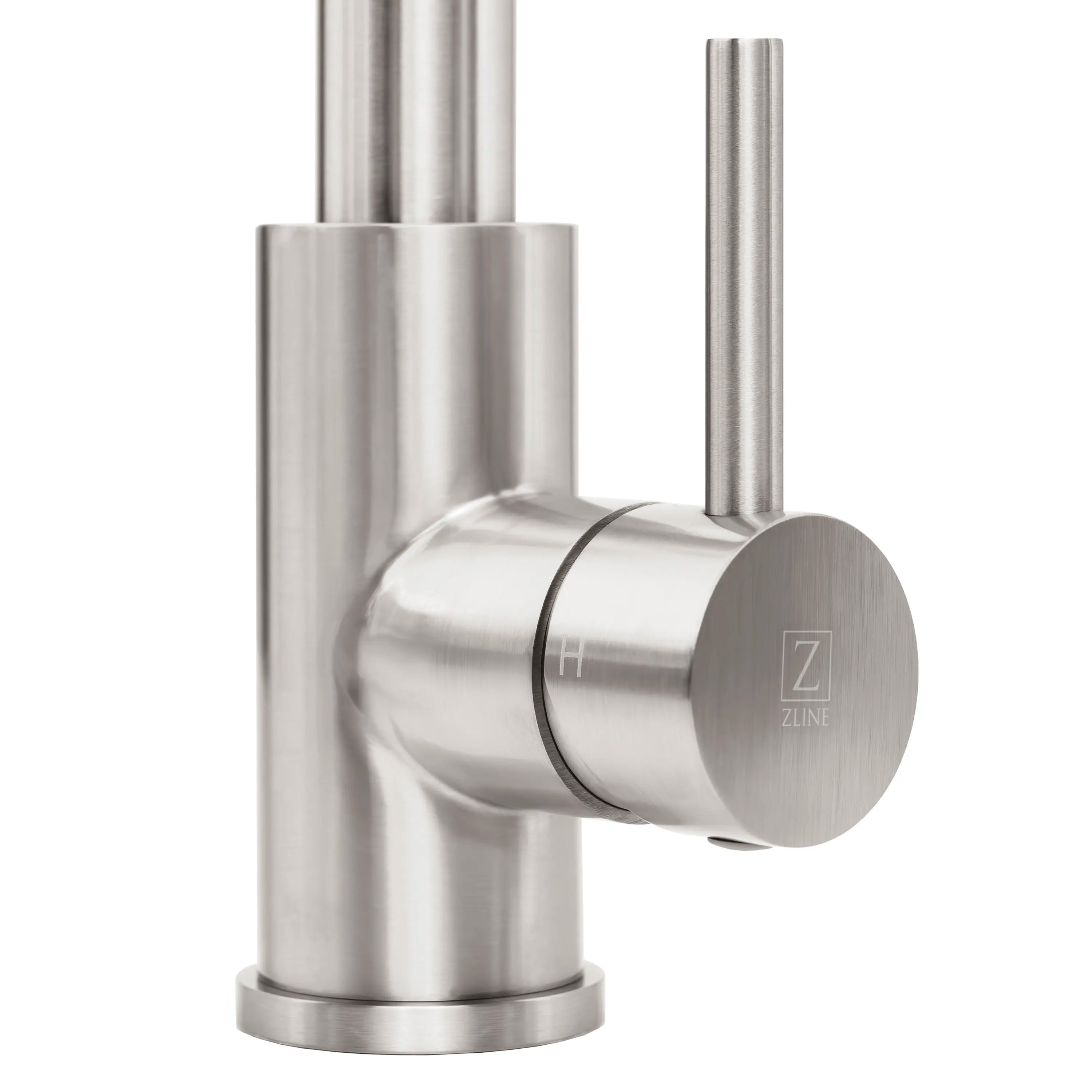 Brushed nickel single-handle kitchen faucet body and mounting base close-up