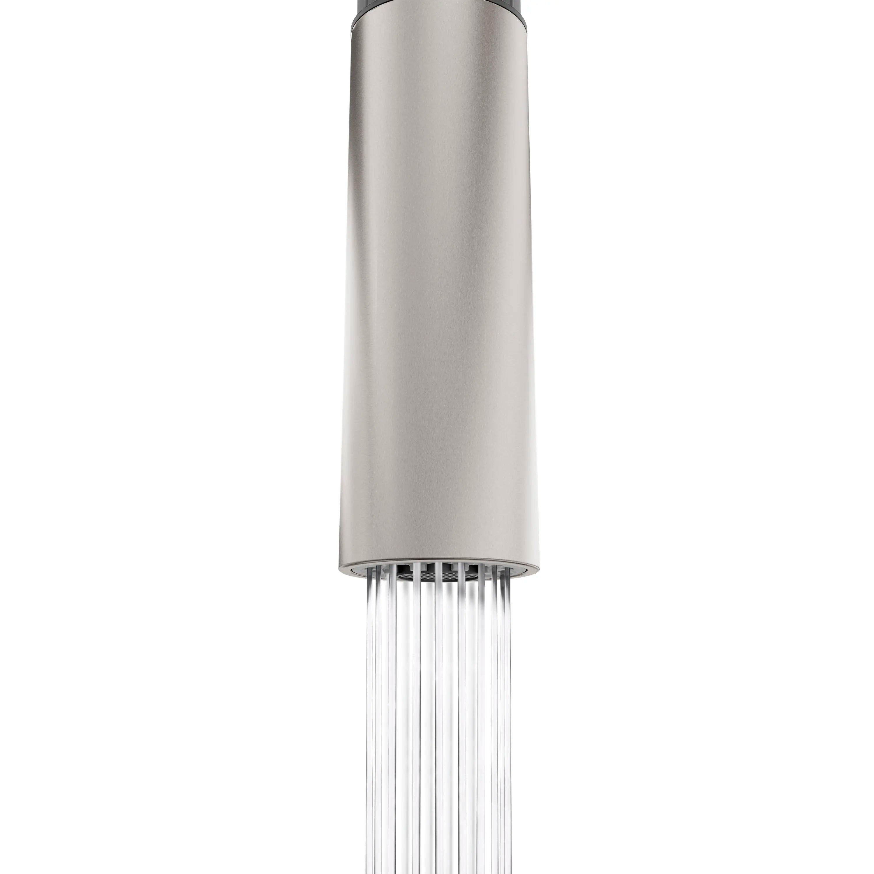 Brushed nickel pull-down sprayer head with spray nozzles underside