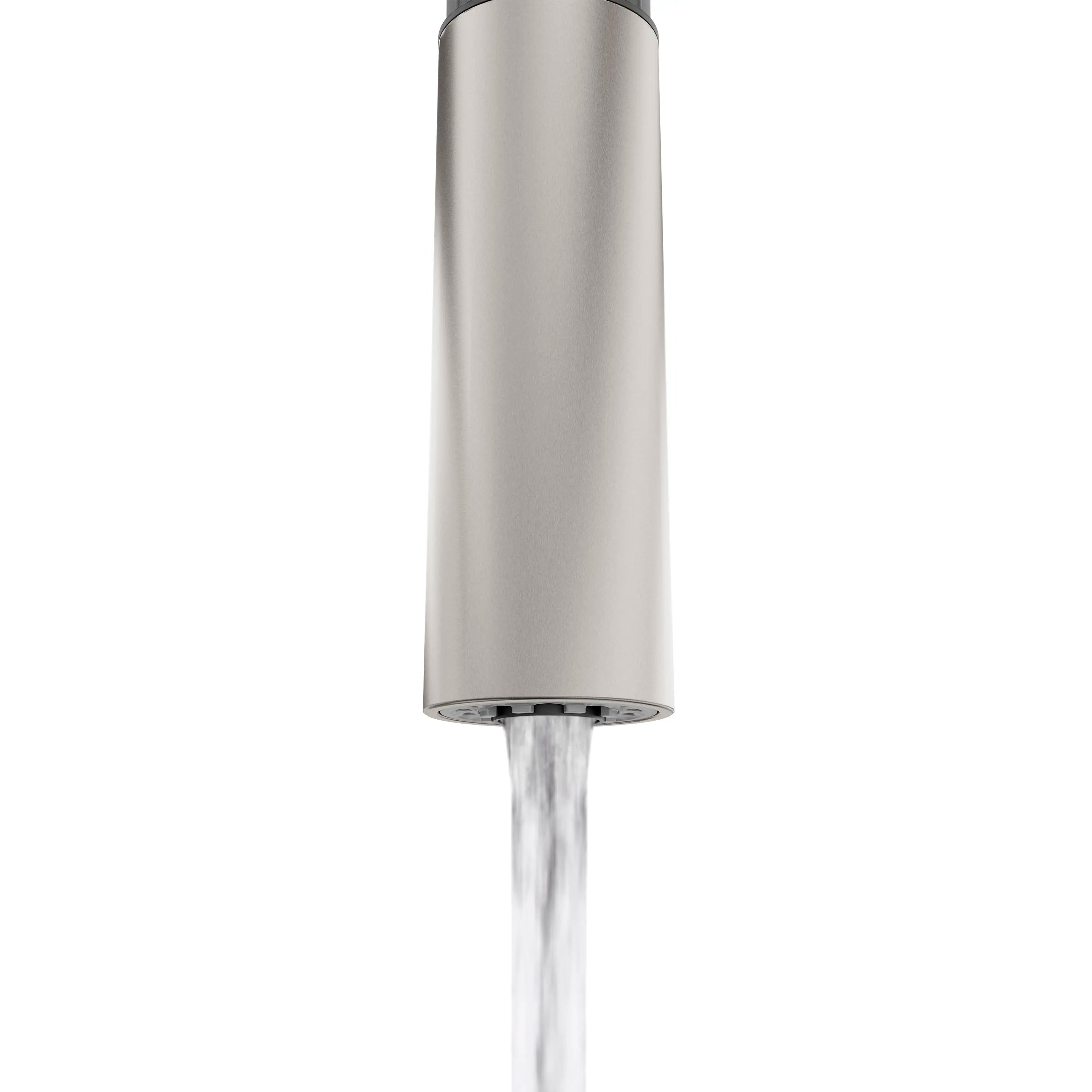 Brushed nickel pull-down sprayer head releasing a steady water stream