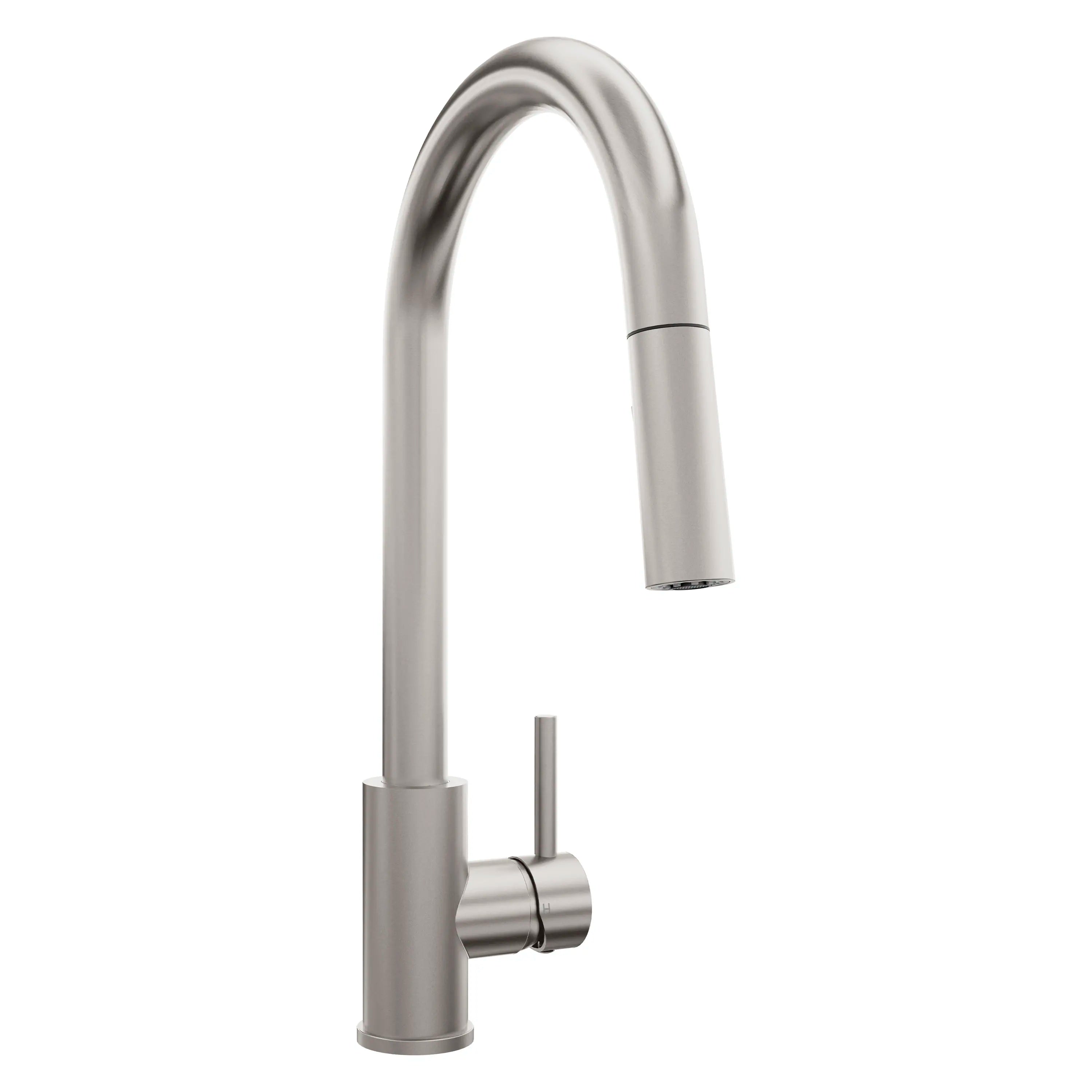 Brushed nickel kitchen faucet with arched spout and single lever handle
