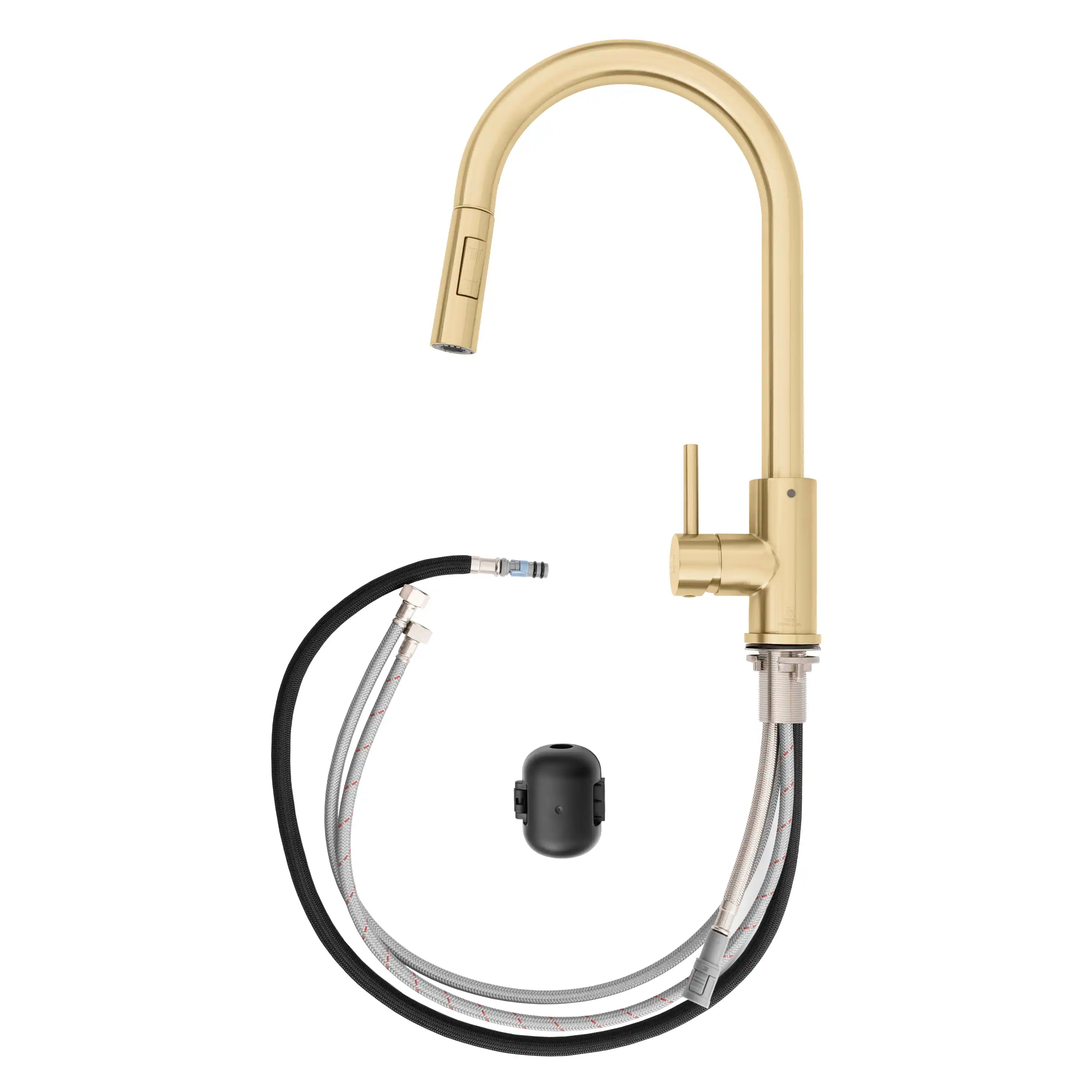 Champagne bronze kitchen faucet with pull-down hose and sprayer components