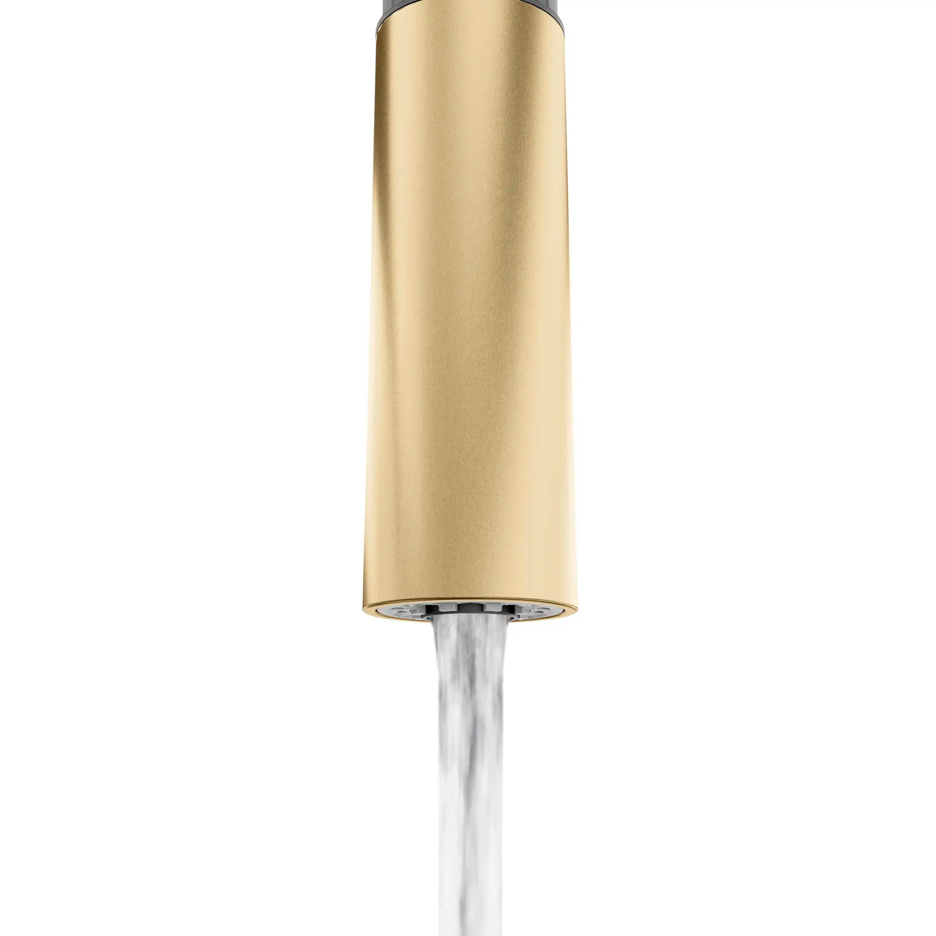 Champagne bronze pull-down sprayer head releasing water