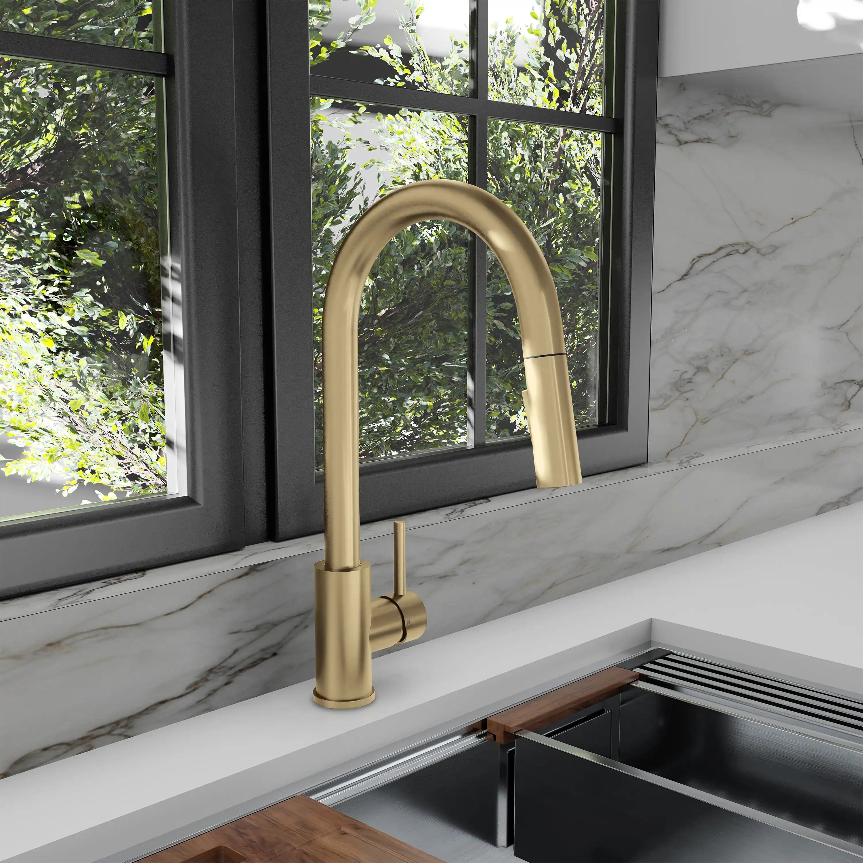 Champagne bronze single-handle kitchen faucet, arched spout and deck mount