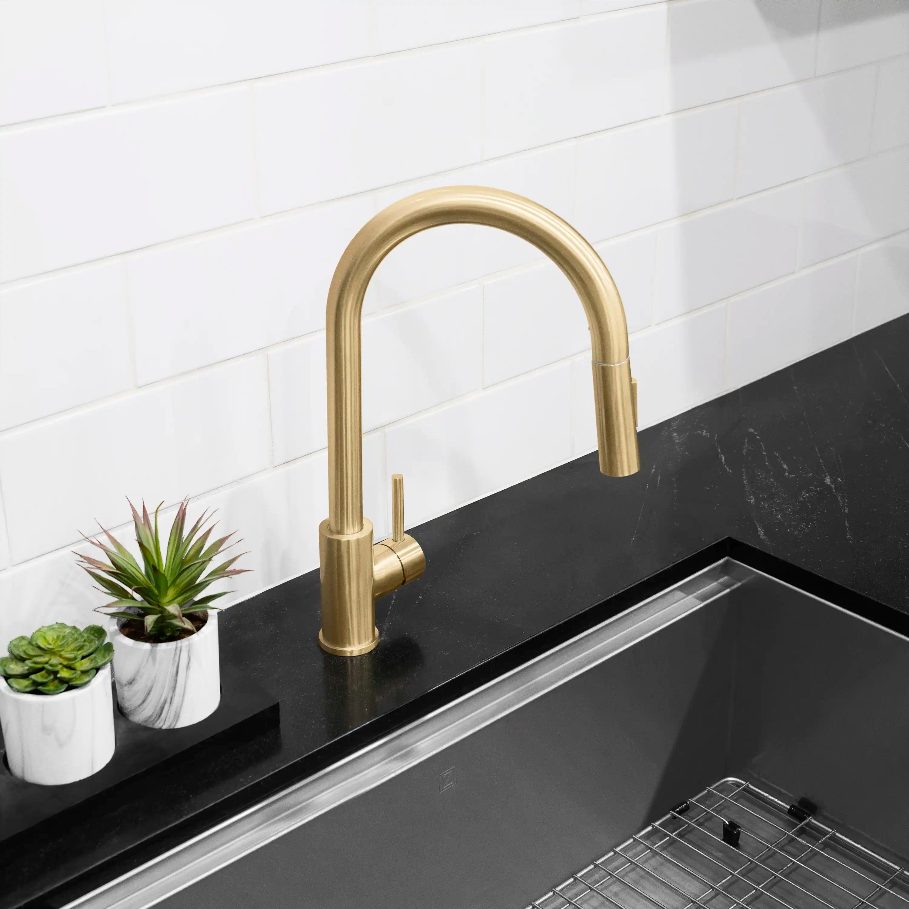 Champagne bronze single-handle kitchen faucet with tall arched spout