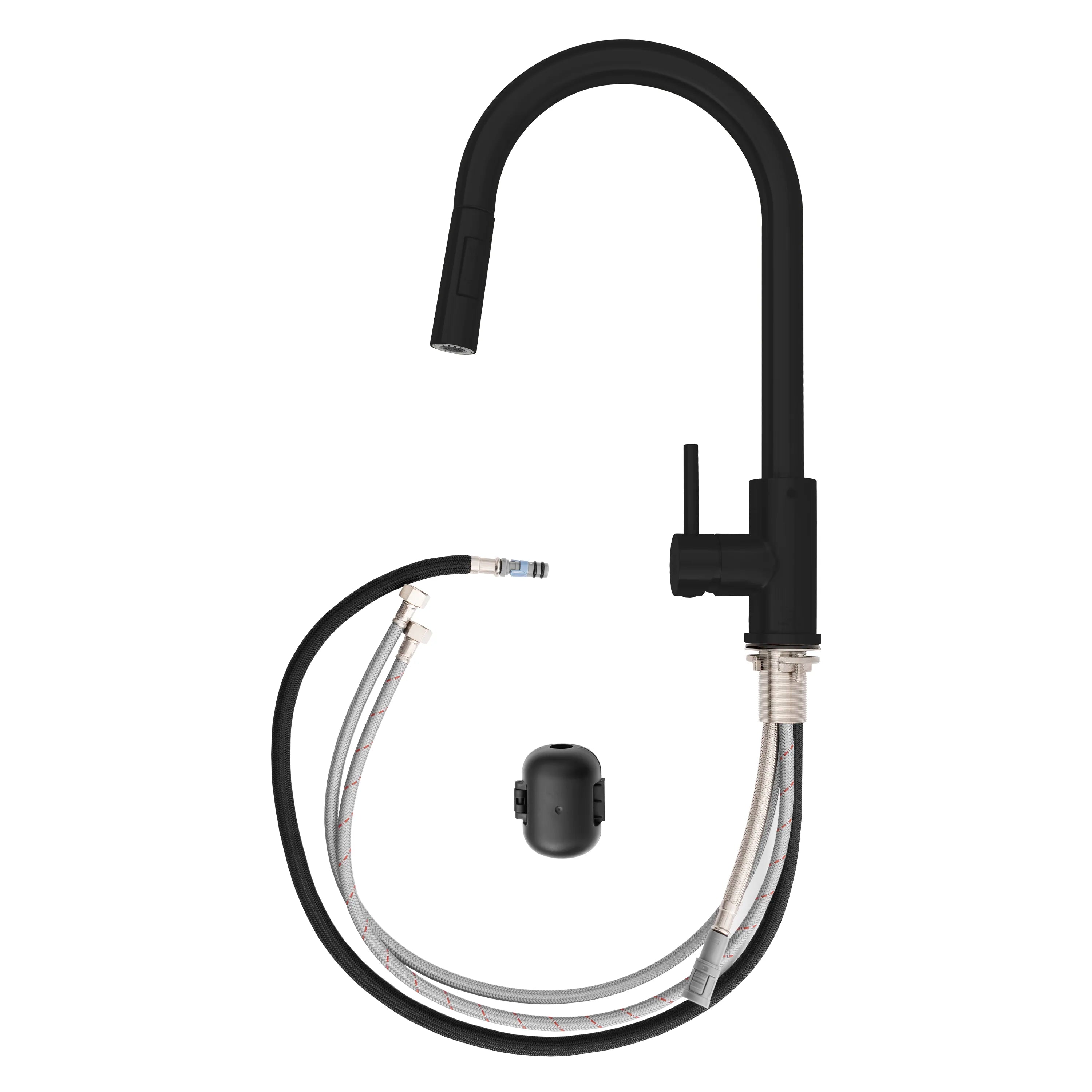 Matte black pull-down kitchen faucet parts with braided supply lines and base control