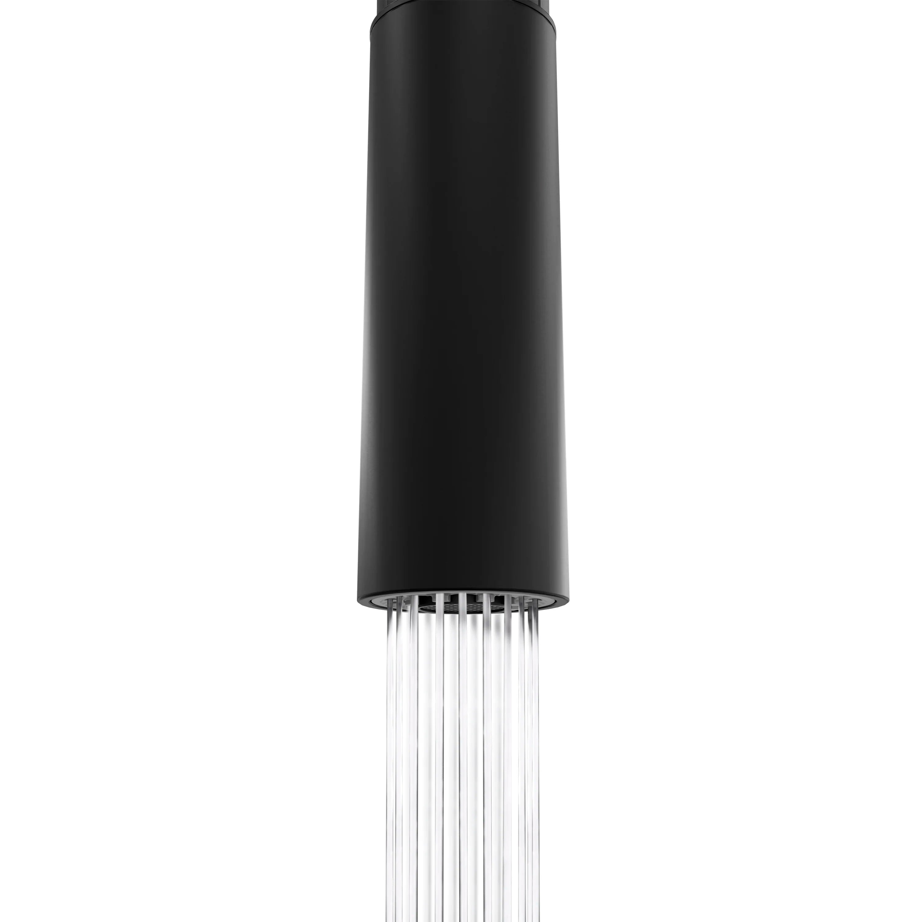 Matte black pull-down sprayer head with wide spray nozzle outlets