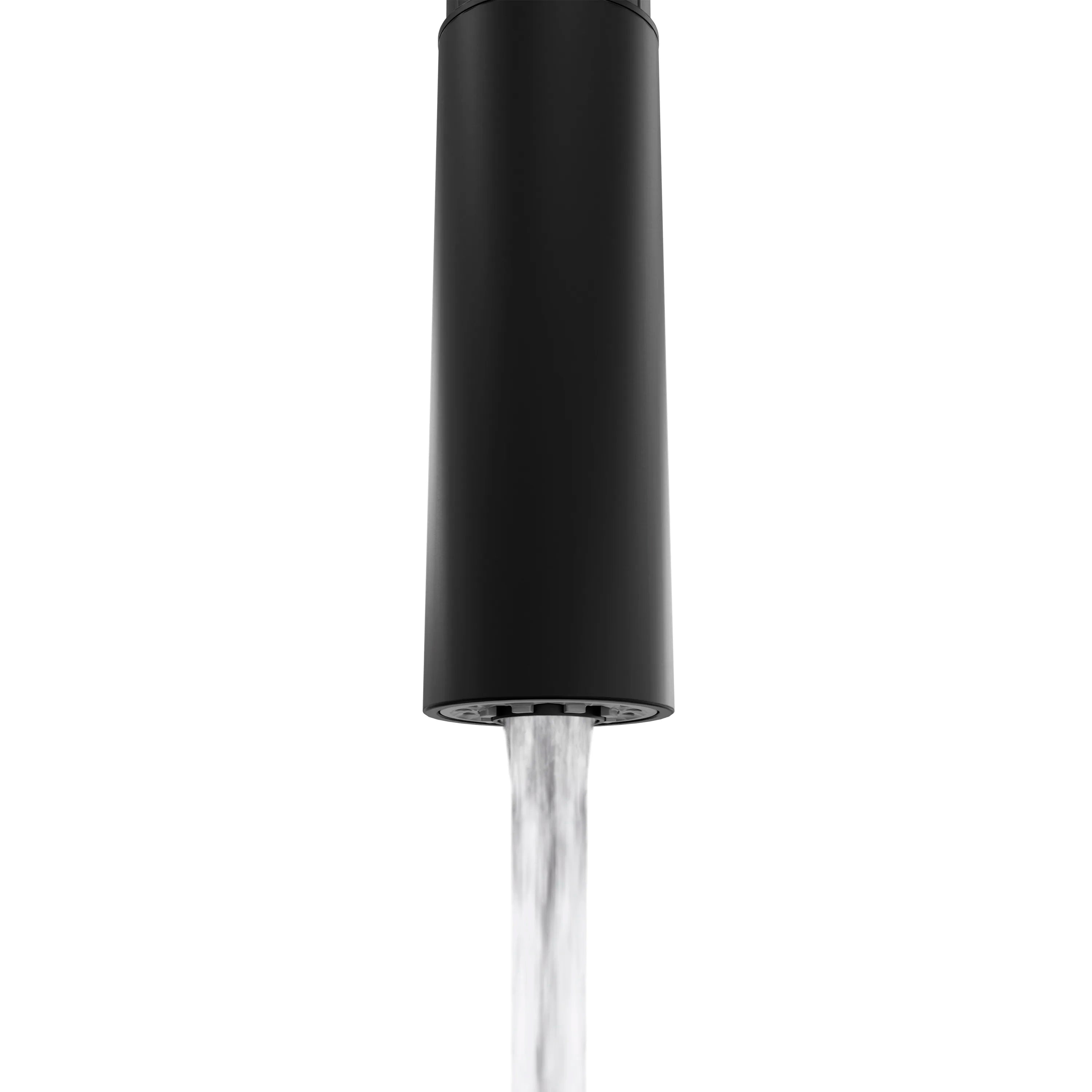 Matte black sprayer head releasing water stream from nozzle
