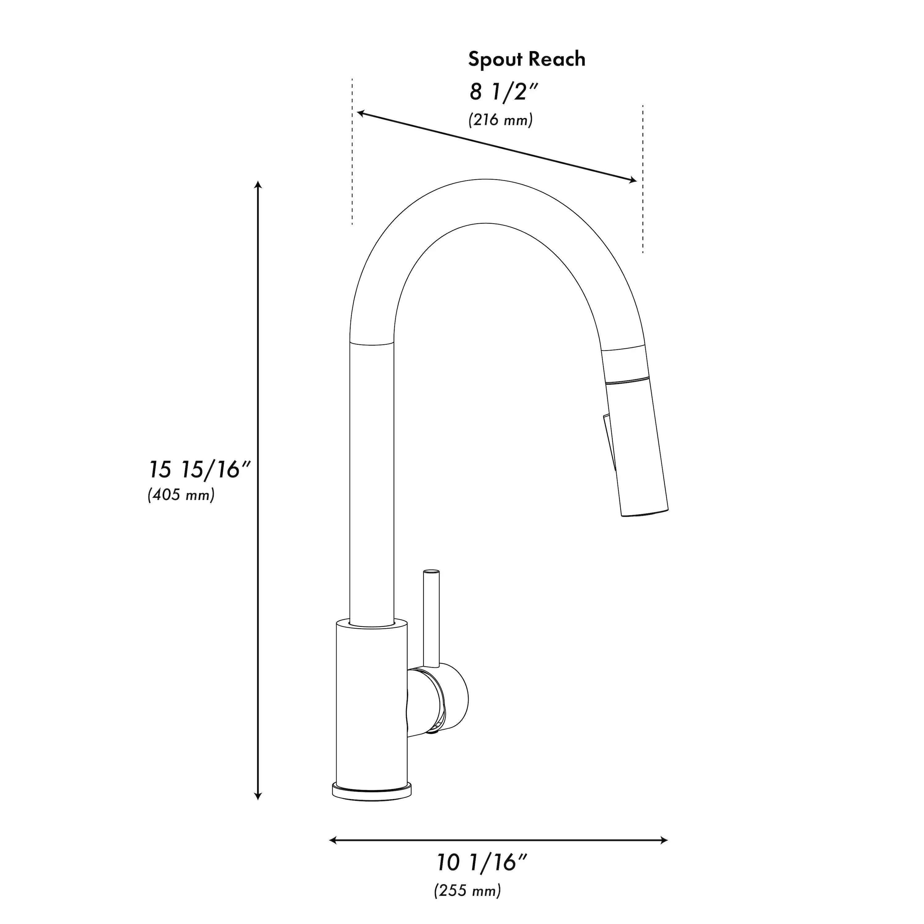 Pull-down kitchen faucet dimensions diagram showing 15 15/16 in height and 10 1/16 in reach