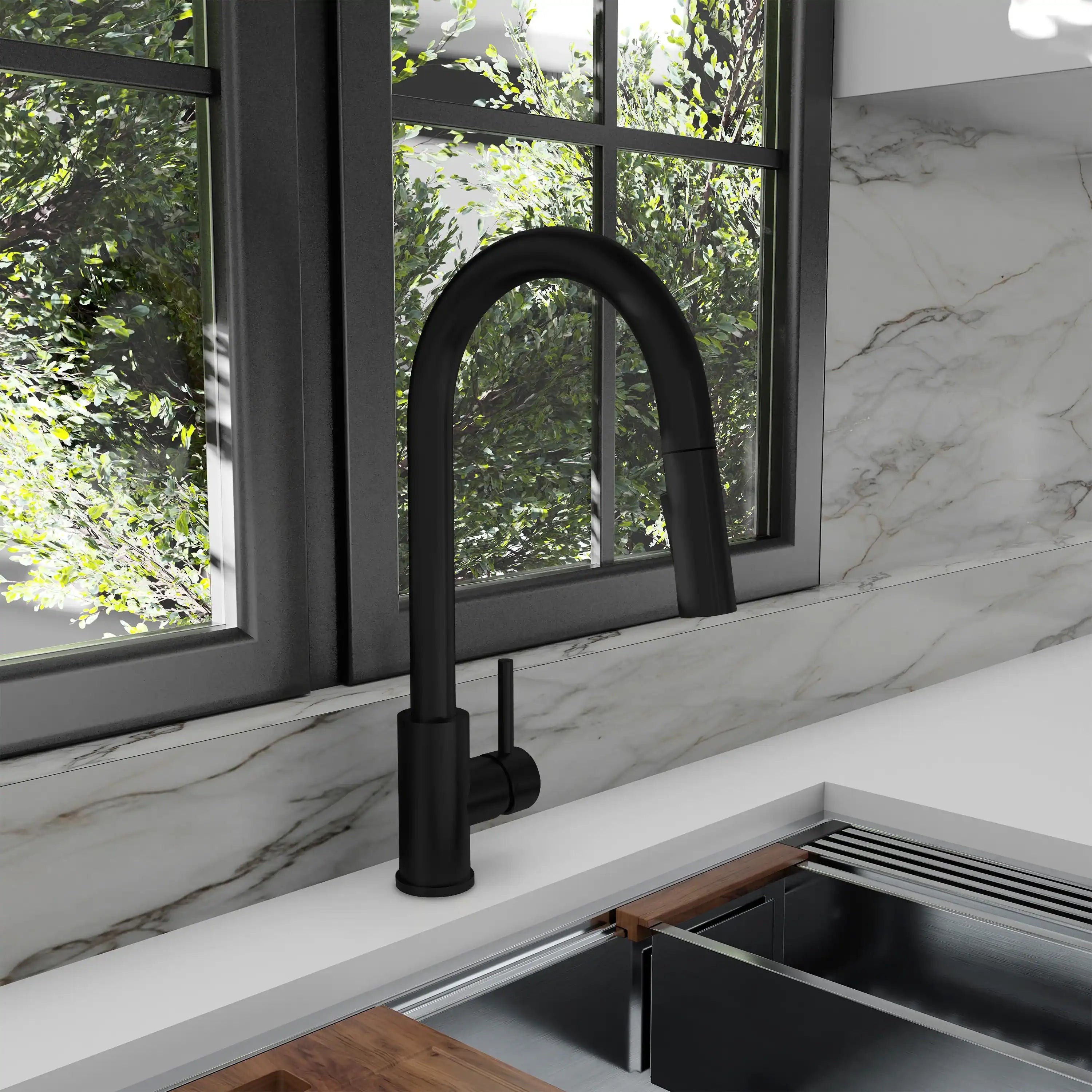 Matte black pull-down kitchen faucet with single handle and arched neck