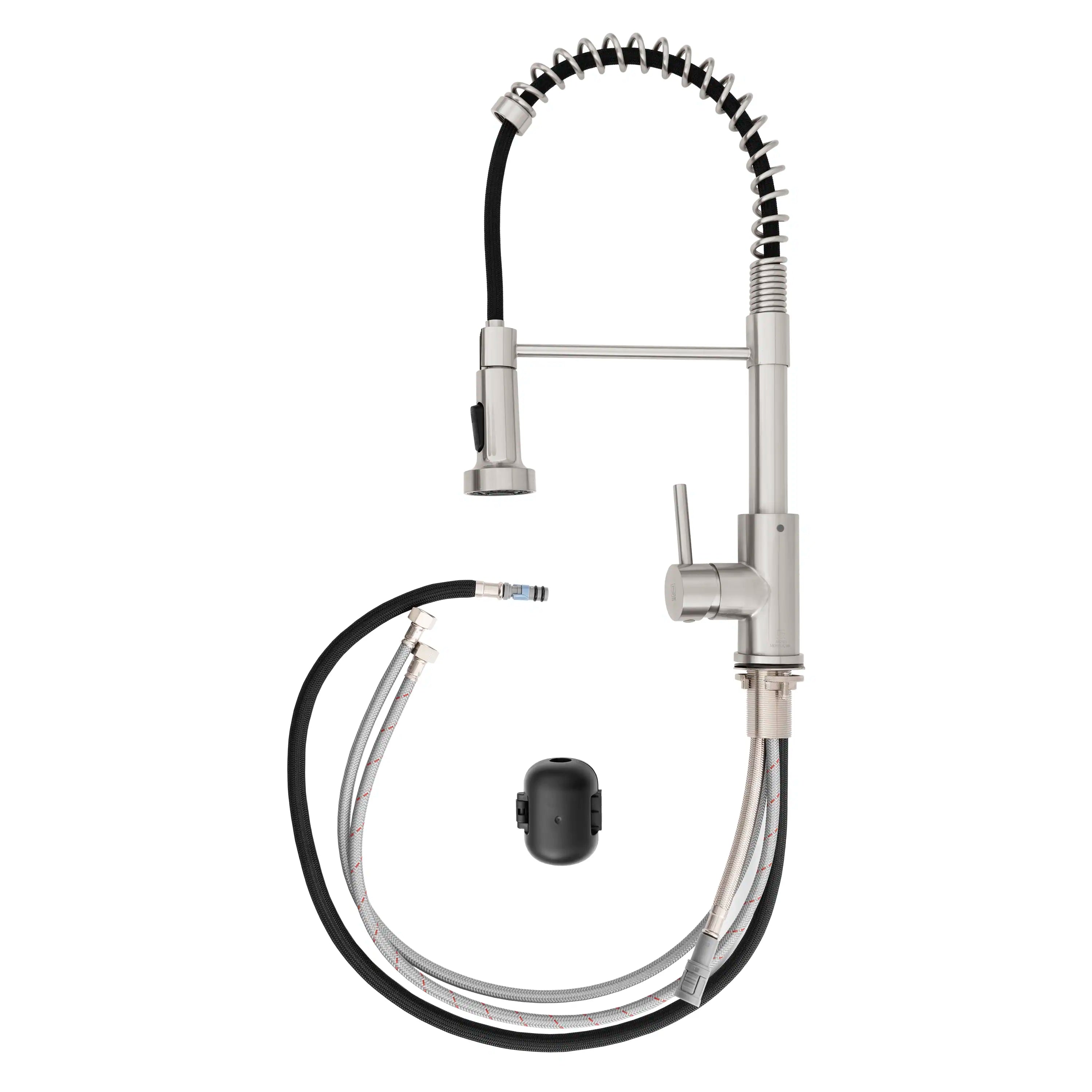 Pull-down spray faucet with arched hose assembly in brushed nickel