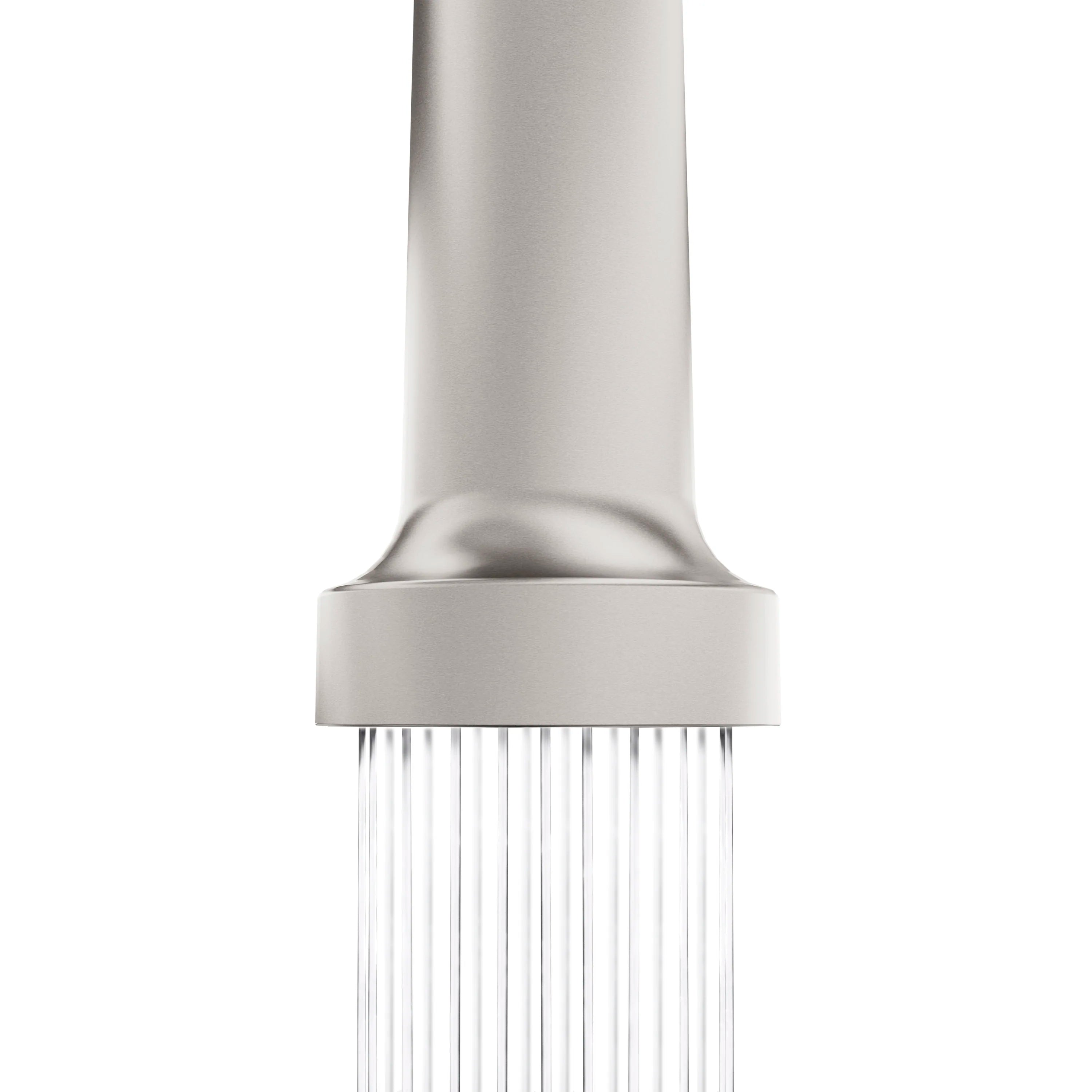 Brushed nickel pull-down spray wand nozzle with spray pattern