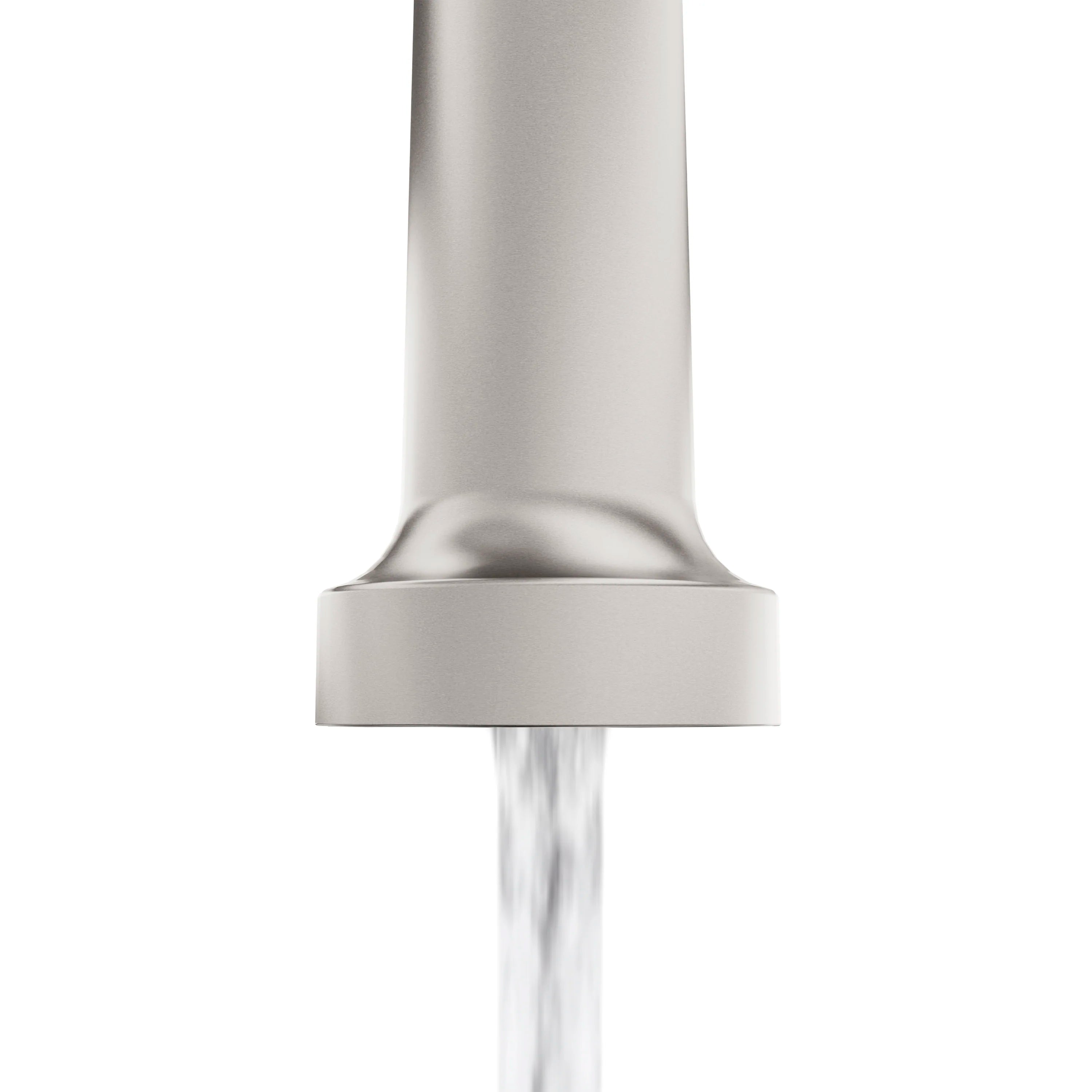 Brushed nickel pull-down spray wand with water stream