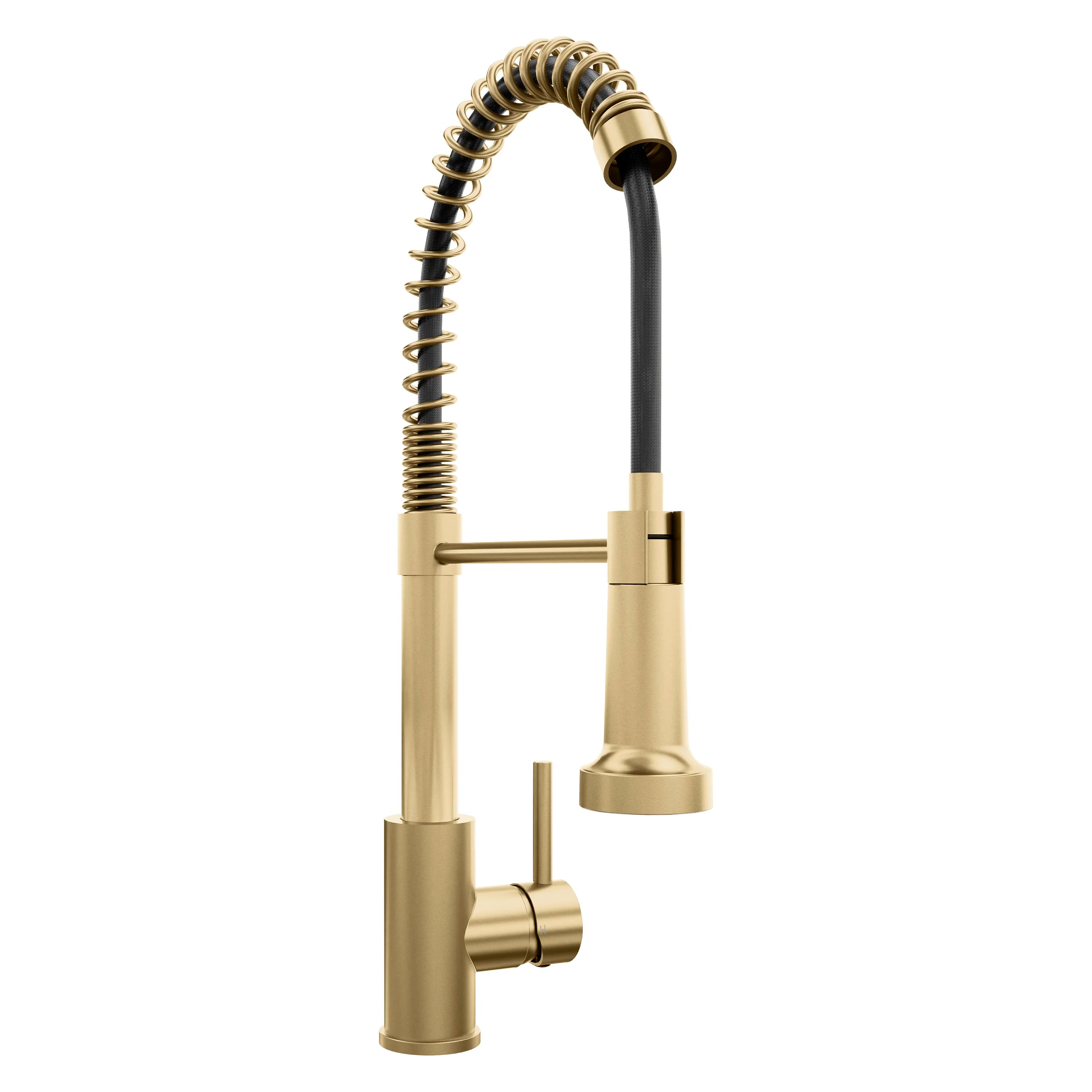 Champagne bronze kitchen faucet with tall spout, black hose, and spring coiled wand