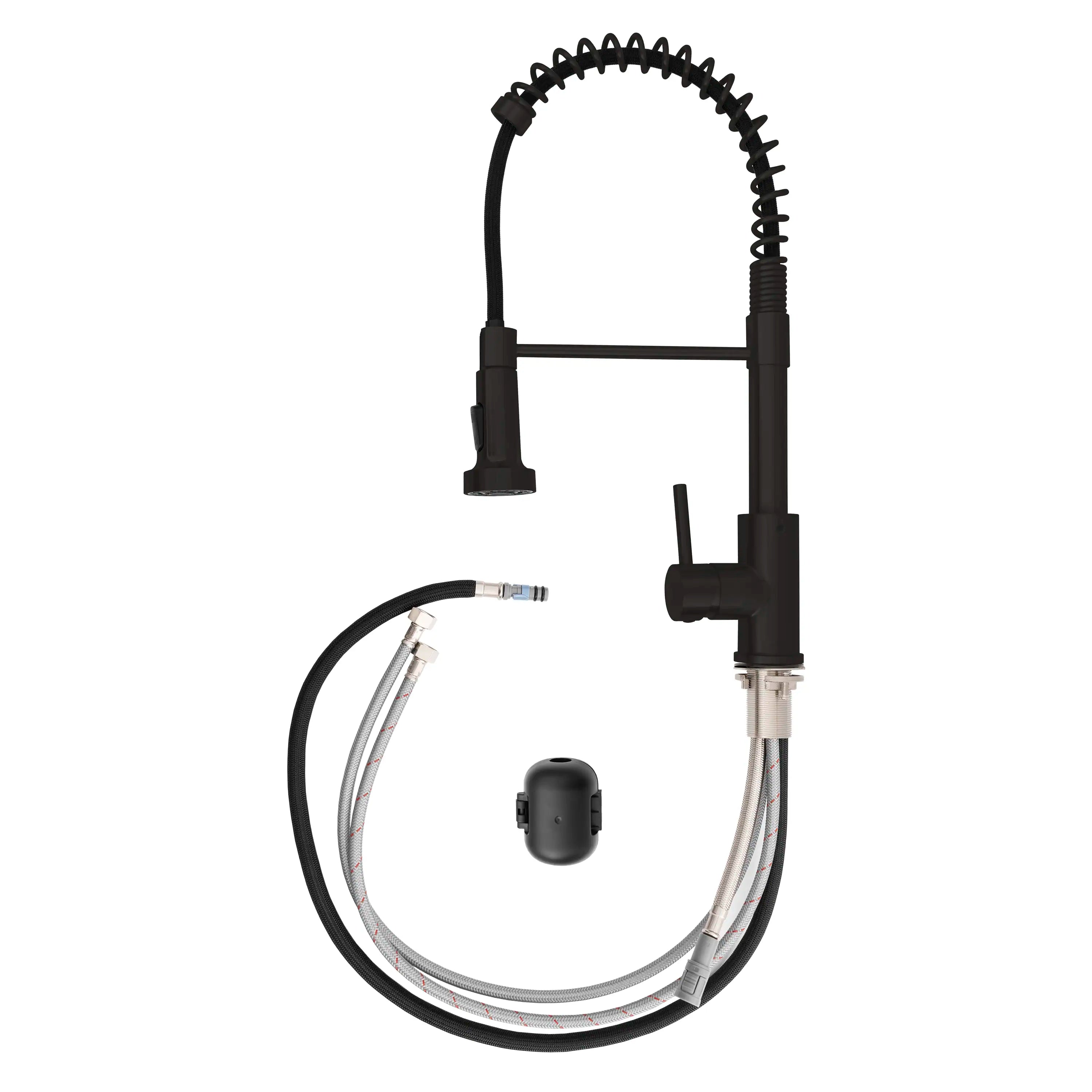 Matte black pull-down faucet with spring hose, spray wand, and control module