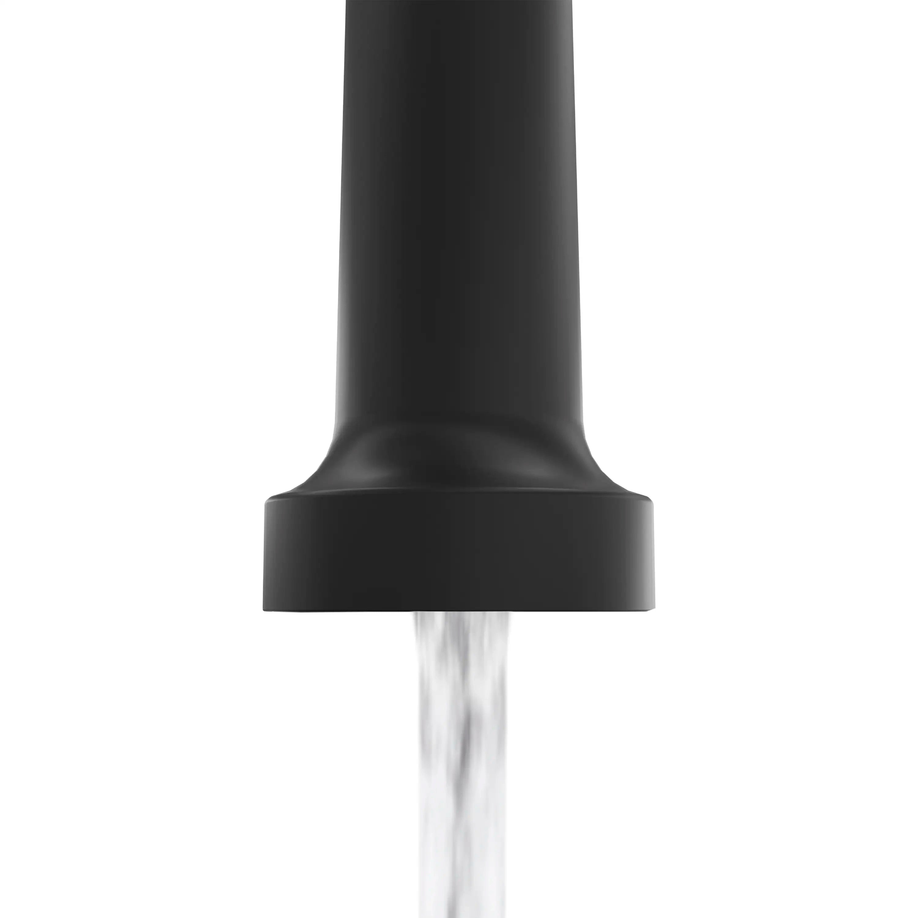 Matte black faucet spout with flared base and upward opening